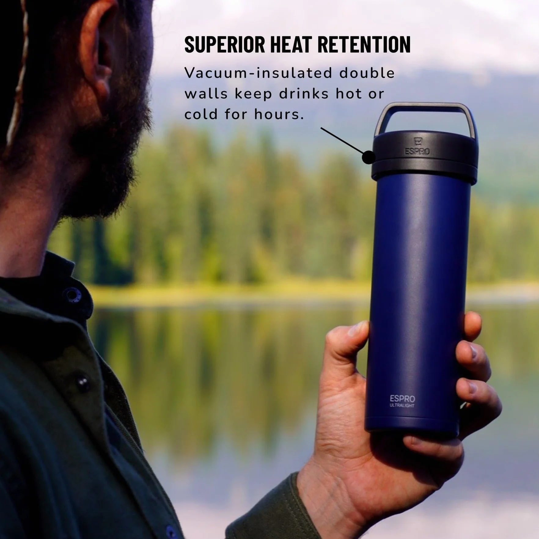 ESPRO P0 Cafetière à piston ultra légère pour voyage, isolation sous vide, en acier inoxydable, 473 ml, bleu égéen