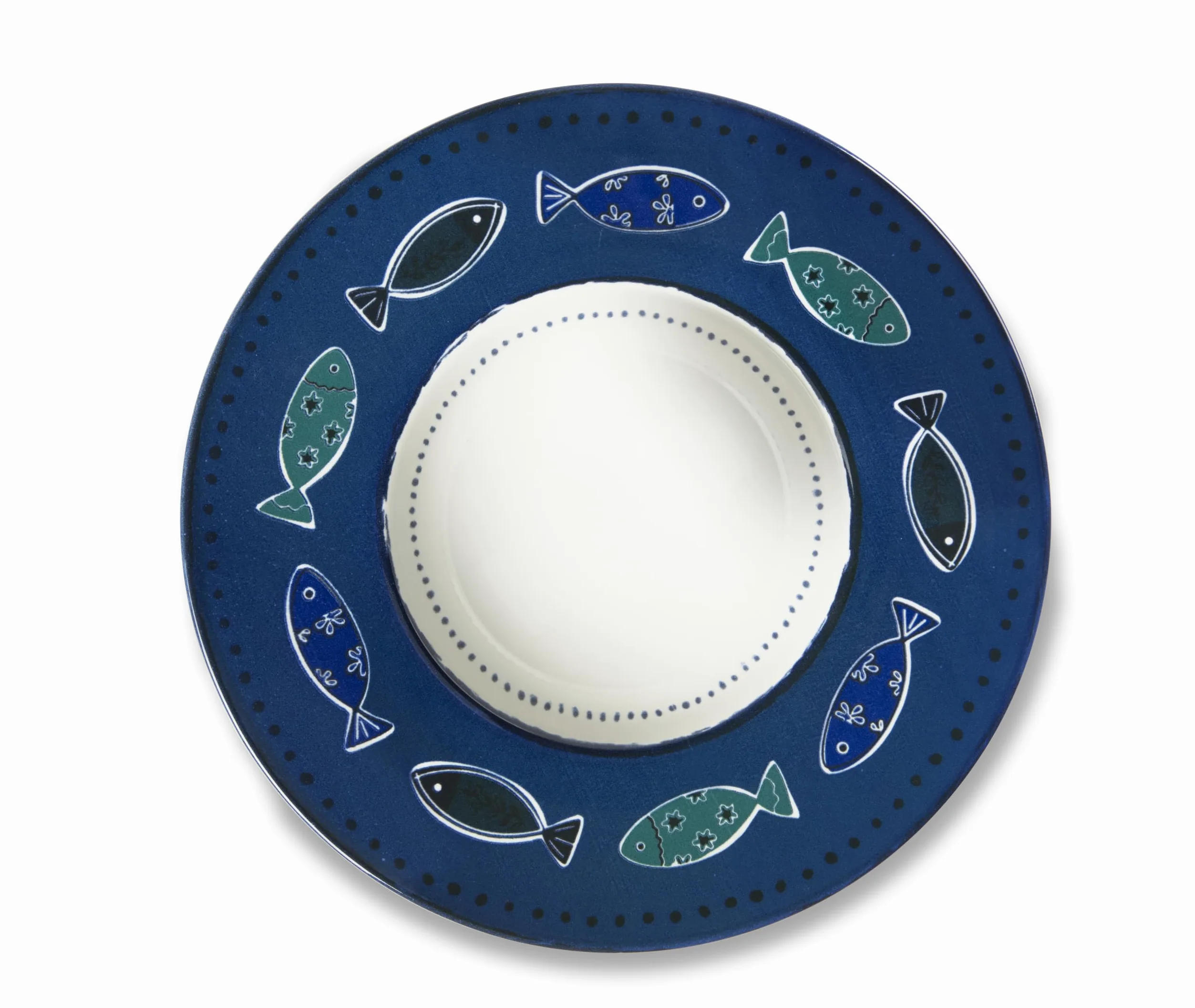 Excelsa Ocean Lot de 6 assiettes creuses en céramique avec motif poissons, bleu et blanc