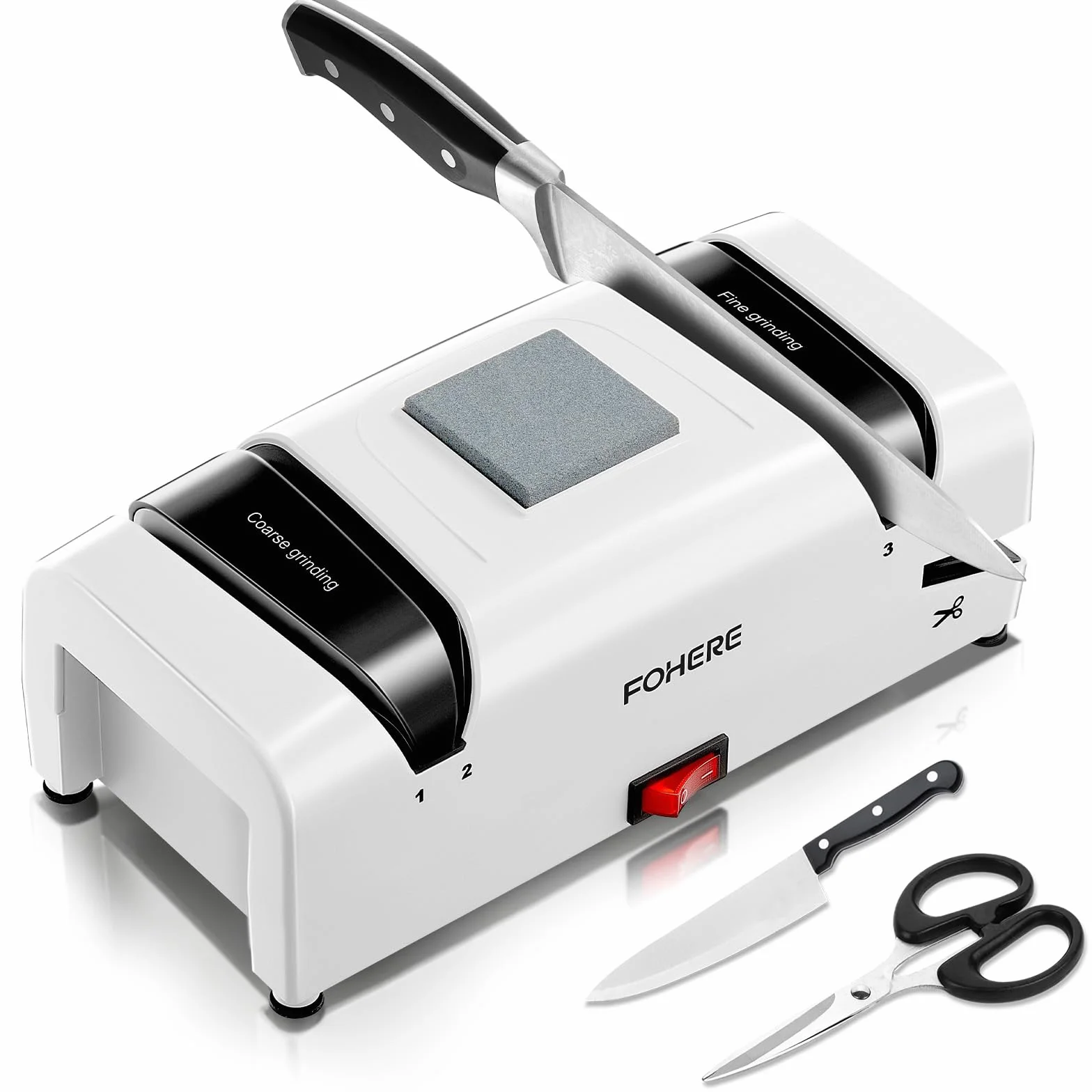 FOHERE Aiguiseur de Couteaux électrique 5 en 1, 2 Récupérateurs de Copeaux Magnétiques, 100% Diamant Abrasif pour Couteaux de Cuisine, Ciseaux et Petit Tournevis à Tête Plate.