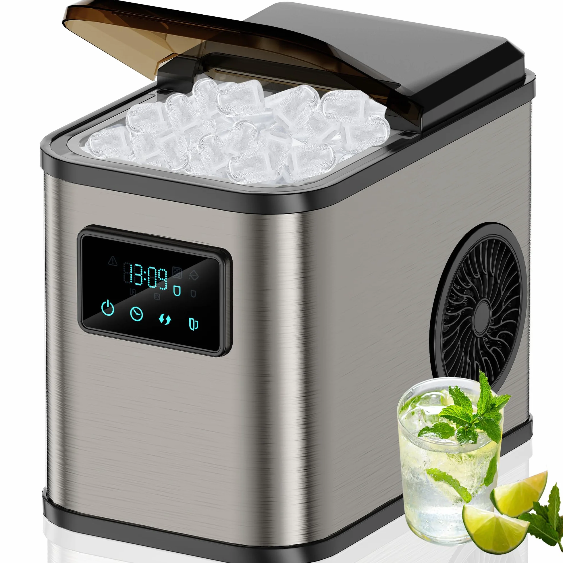 Machine a glacons Acier inoxydable machine a glace machine a glacon avec écran LED et fonction de nettoyage 2 tailles de glaçons 2 litres pour la cuisine le bureau le bar et les fêtes