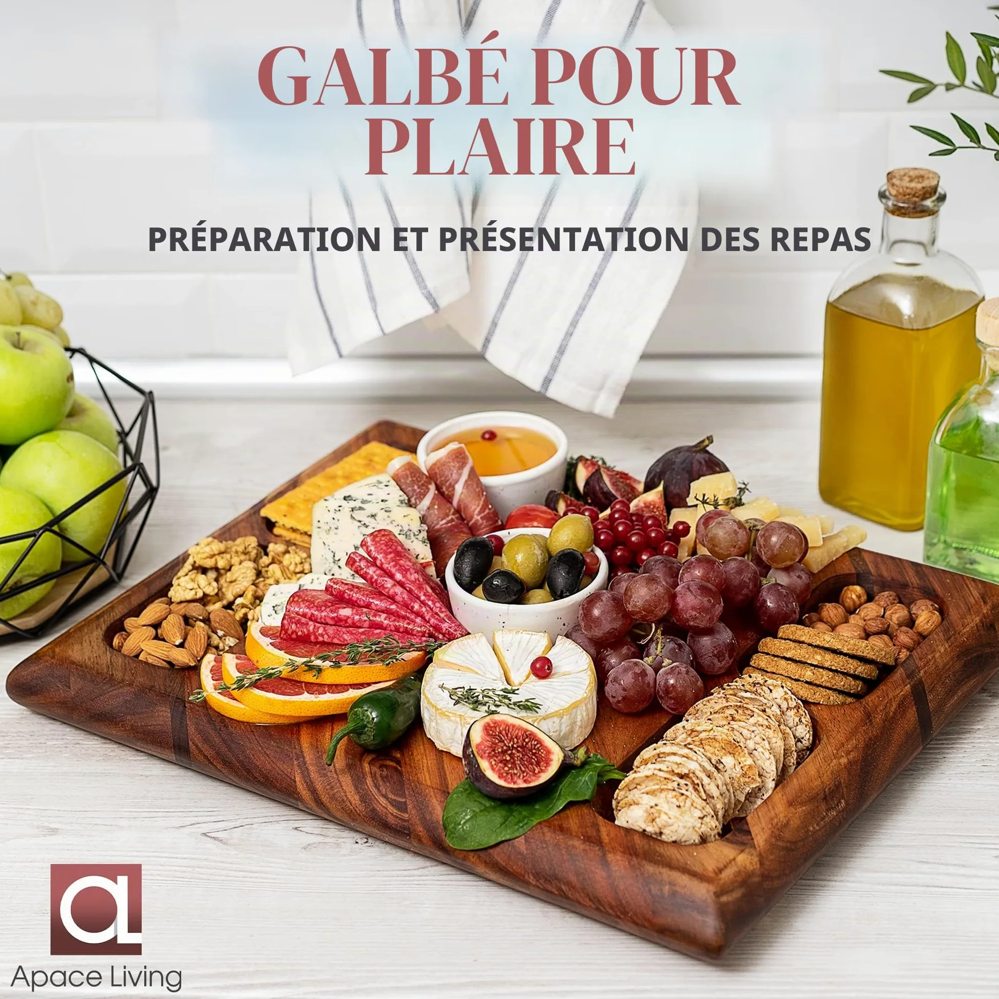 Planche à Découper Bois Contour - Grande Planche a Decouper en Acacia en Bois Durable, avec rainure pour les liquides - Peut être utilisée comme planche de service, 4 compartiments - 43 x 33 x 3,8