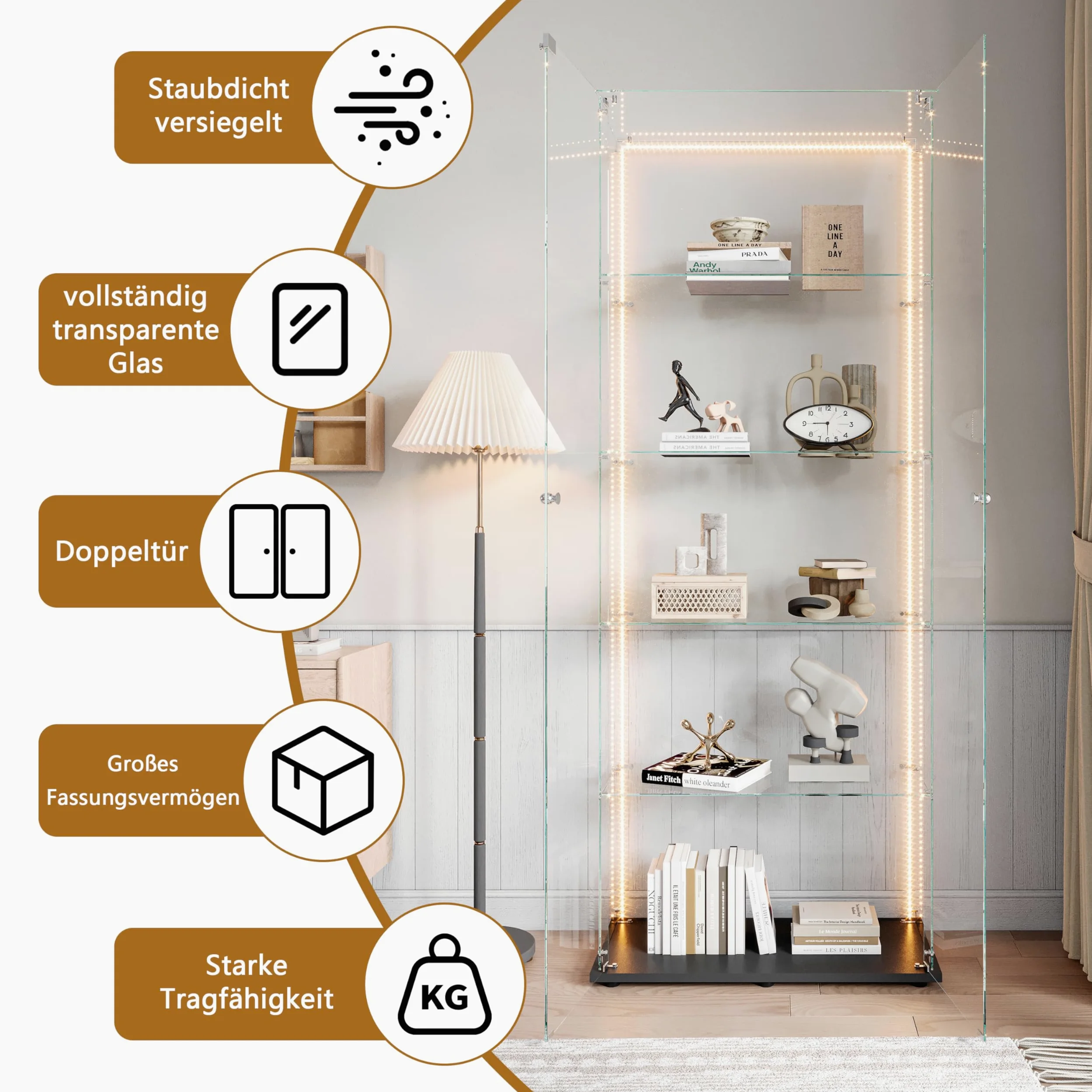 Vitrine en Verre avec LED,Armoire vitrine pour Collection avec 2 Porte 5 étagères Transparent Meuble Vitrine Verre vitrines Figurine Armoire Salon Bar (5 étages 2 Porte+LED-1, Noir)