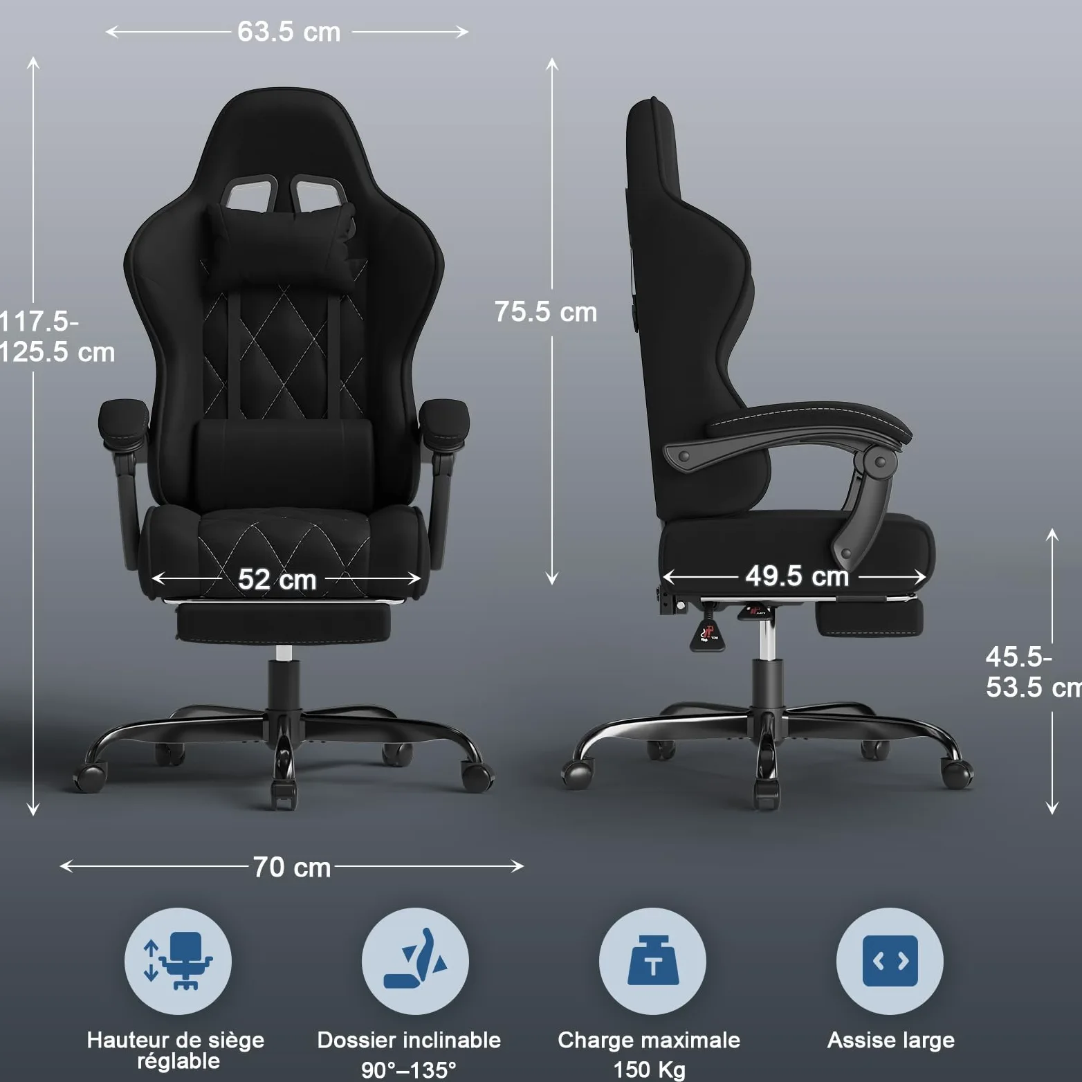 Devoko Chaise Gaming Ergonomique en Tissu, Chaise Bureau Gamer avec Repose-Pieds, Dossier Inclinable, Hauteur Réglable, Massage Lombaire, Fauteuil Gamer Respirant et Anti-Griffes pour Chat, Noir