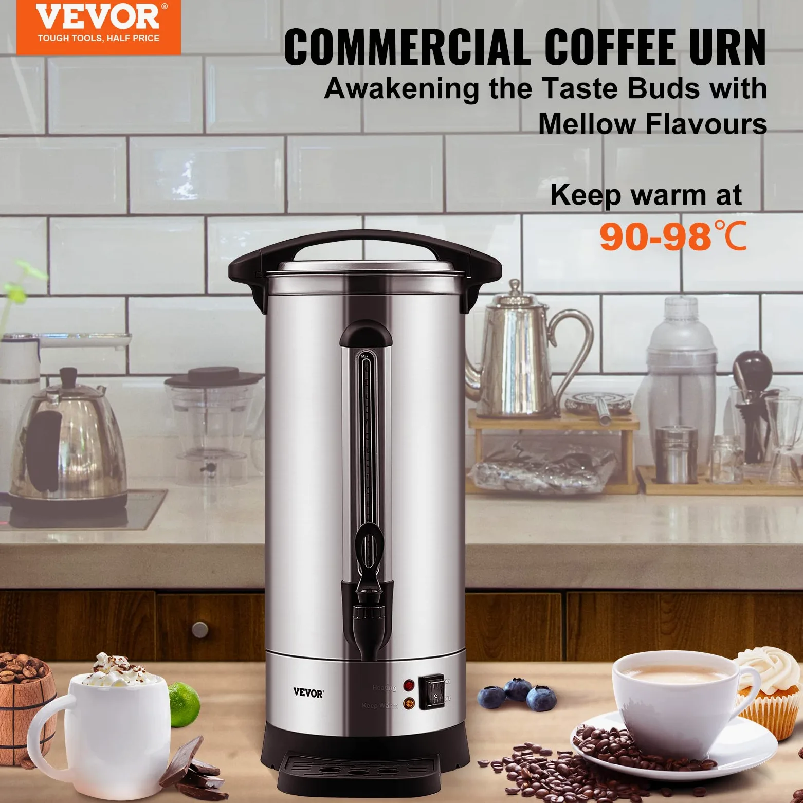 VEVOR Percolateur à Café 16,4 L 110 Tasses Distributeur de Boissons Chaudes en Acier Inoxydable Filtre Permanent Marmite à Vin Chaud 90-98 ℃ Maintenu Infusion Rapide Appareil Chauffe Eau Thé Chocolat