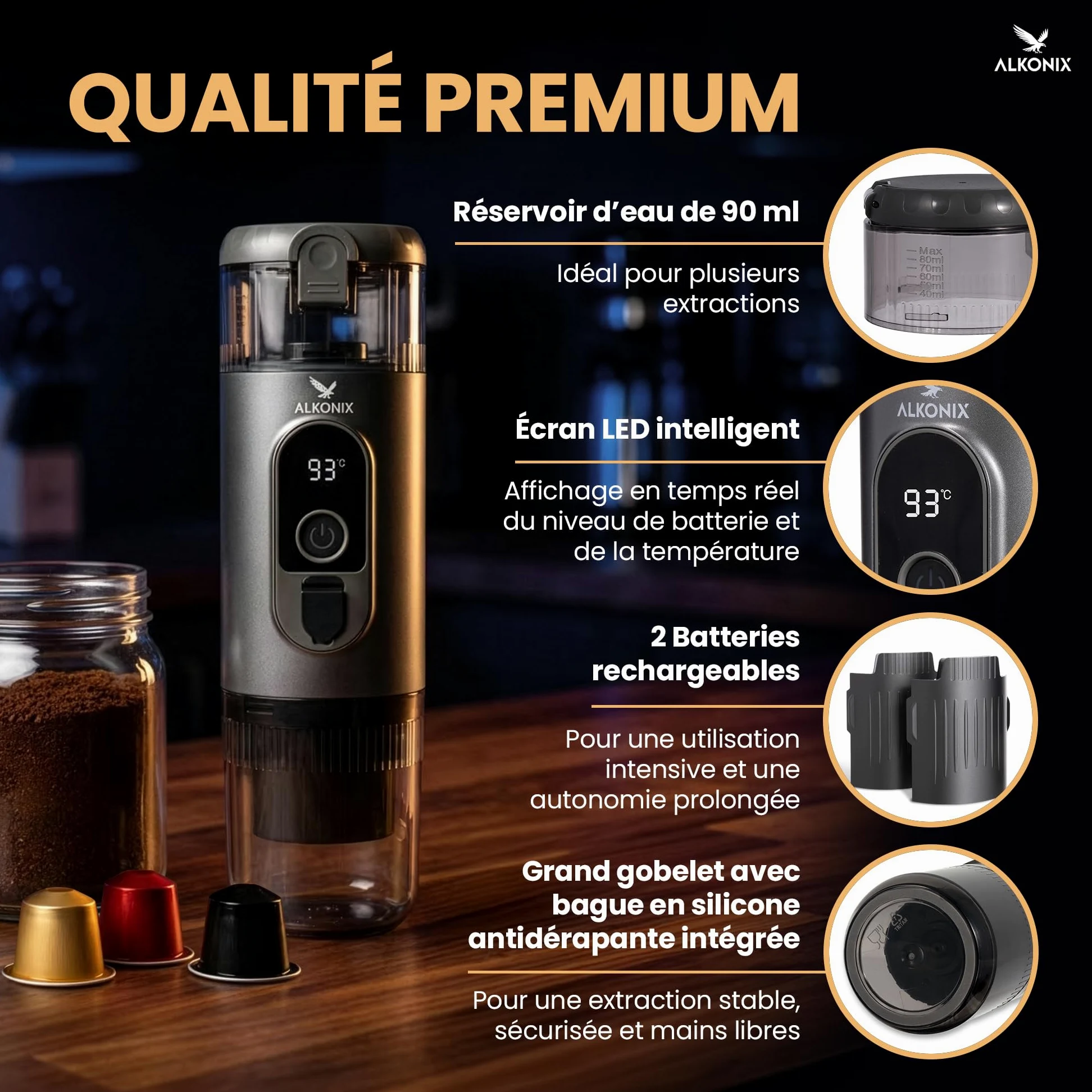Machine à Café Portable USB-C – Cafetière Nomade Espresso Rechargeable avec 2 Batteries Amovibles – Compatible Capsules Standards & Café Moulu – Chauffe Intégrée (Gris)