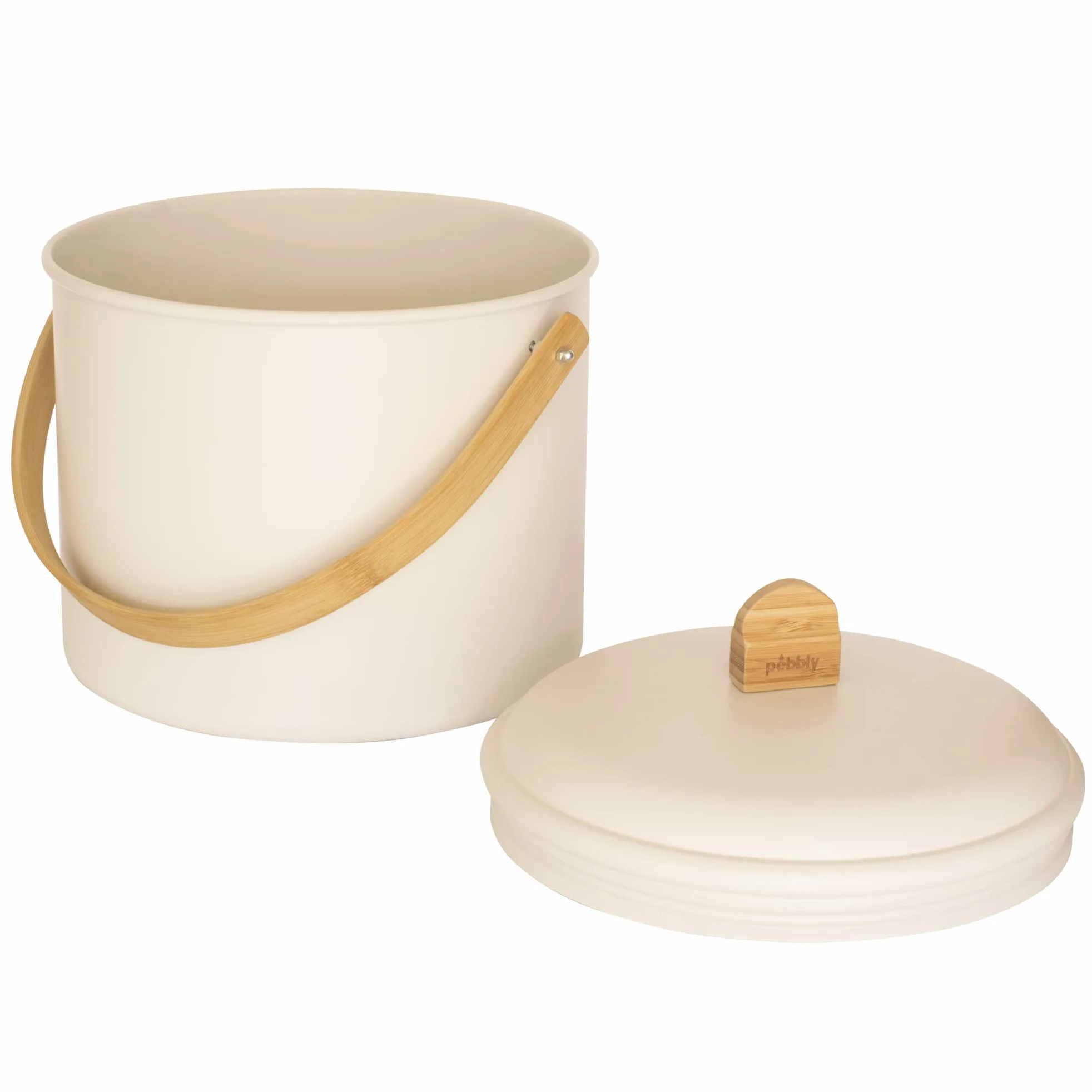 PEBBLY - Seau à Compost d'Intérieur en Acier et Anse en Bambou - 7 litres - Ø 22 x 25 cm - Filtre Anti-Odeur en Charbon Inclus, Seau Élégant, Durable, Léger et Résistant, sans Risque de Fuite