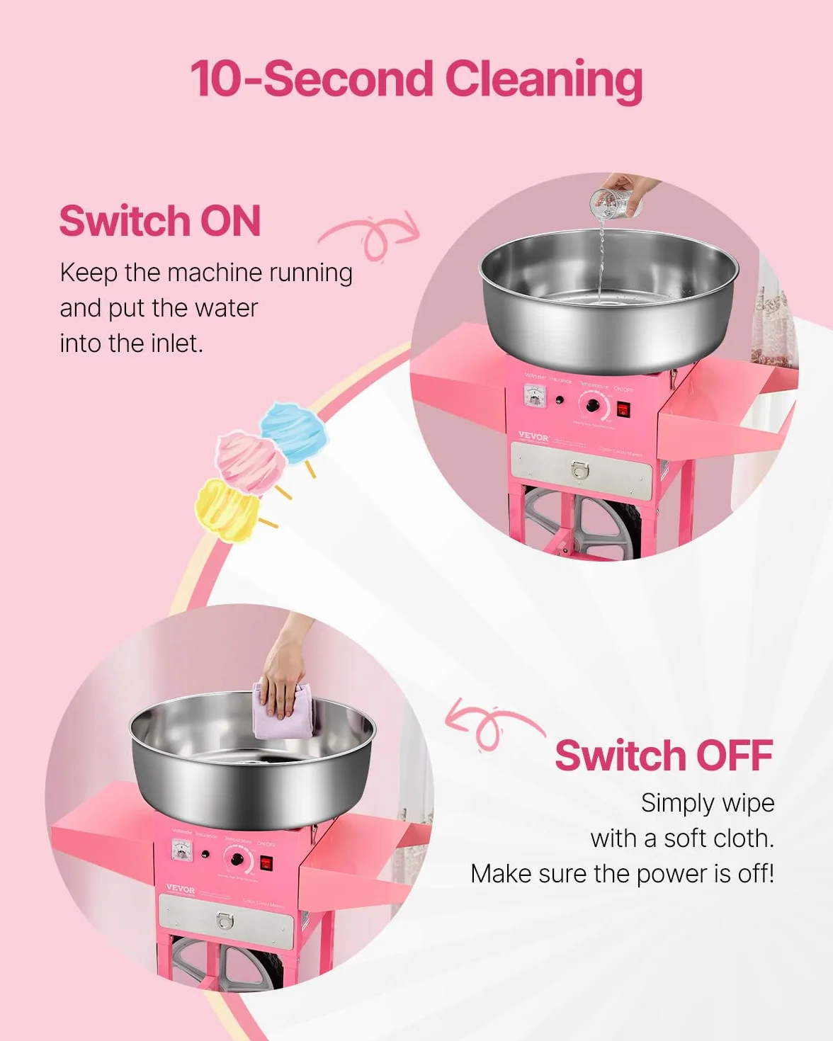 VEVOR Machine à barbe à papa électrique avec chariot, 1000 W, appareil à barbe à papa commercial avec bol en acier inox de 52 cm, cuillère à sucre et tiroir, pour fêtes d'anniversaires d'enfants, rose