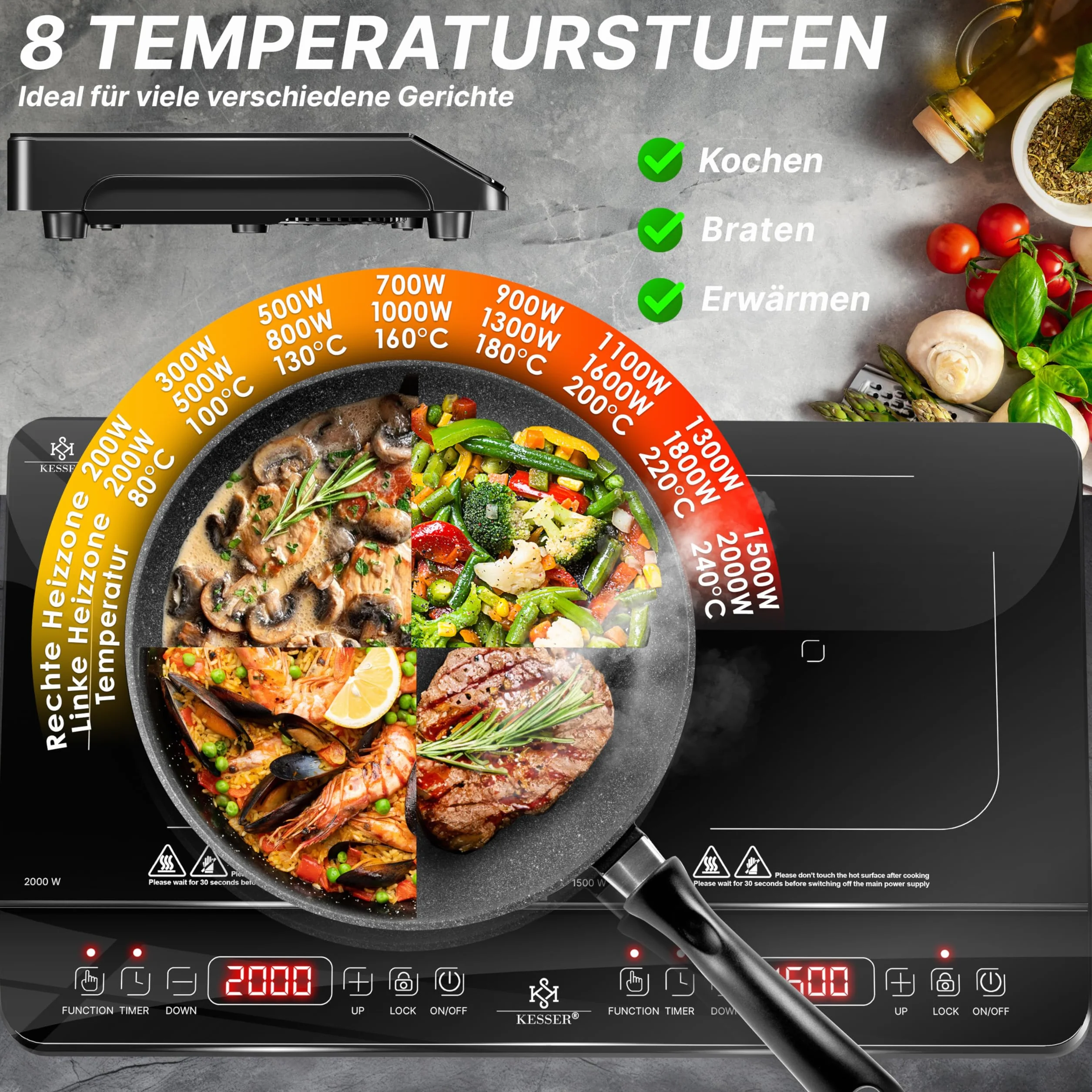 KESSER Plaque de cuisson à induction, 2 plaques, 3500 W, plaque de cuisson portable de 57 cm, 3 chiffons en microfibre + 1 livre de cuisine, 8 niveaux de chauffage, minuterie de 4 heures, contrôle