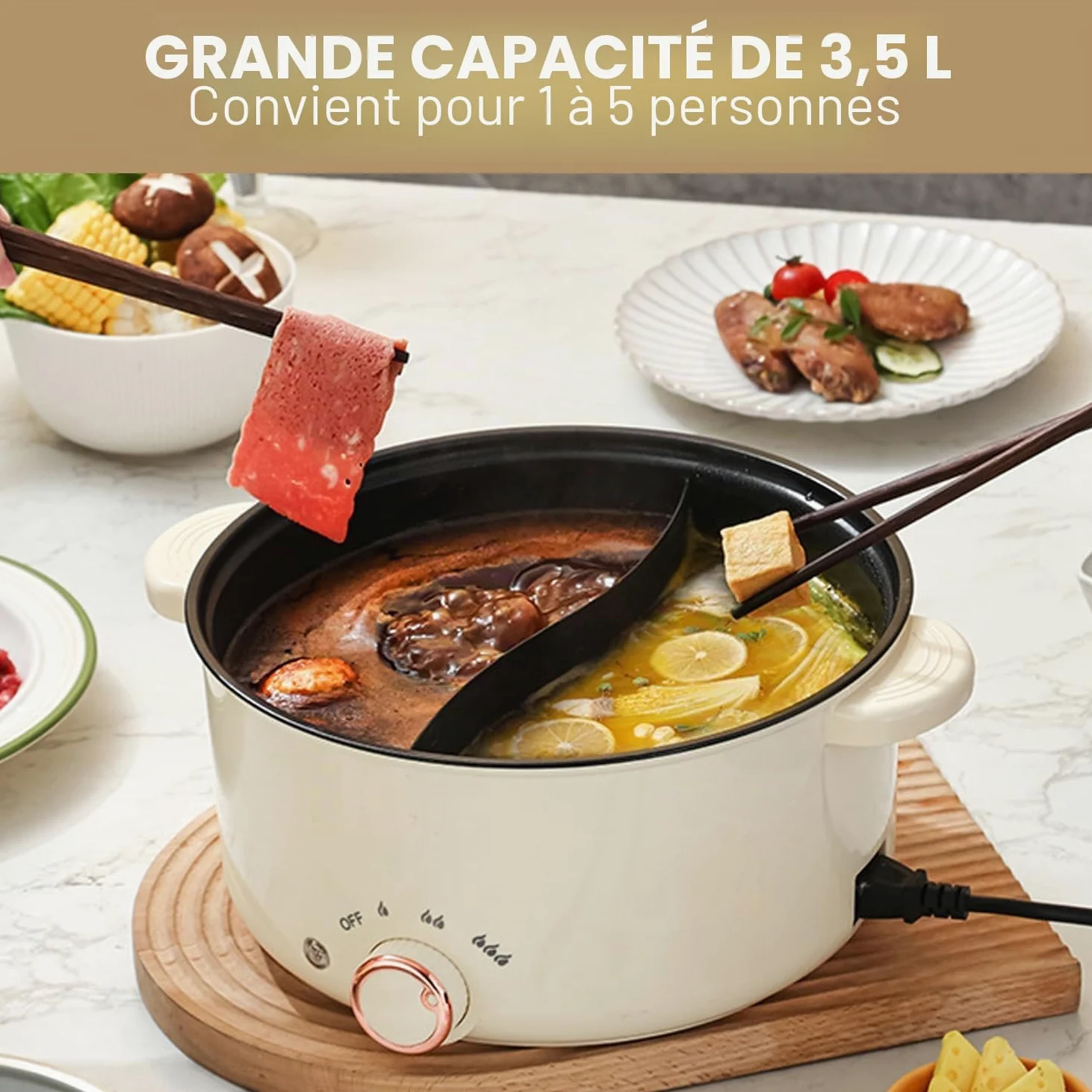 Hot Pot électrique de 3,5 L, Casserole électrique avec séparateur 1000W, Trois réglages de puissance Antiadhésif Poêle polyvalente Soupière rapide pour frire Ramen Fondue Soupe