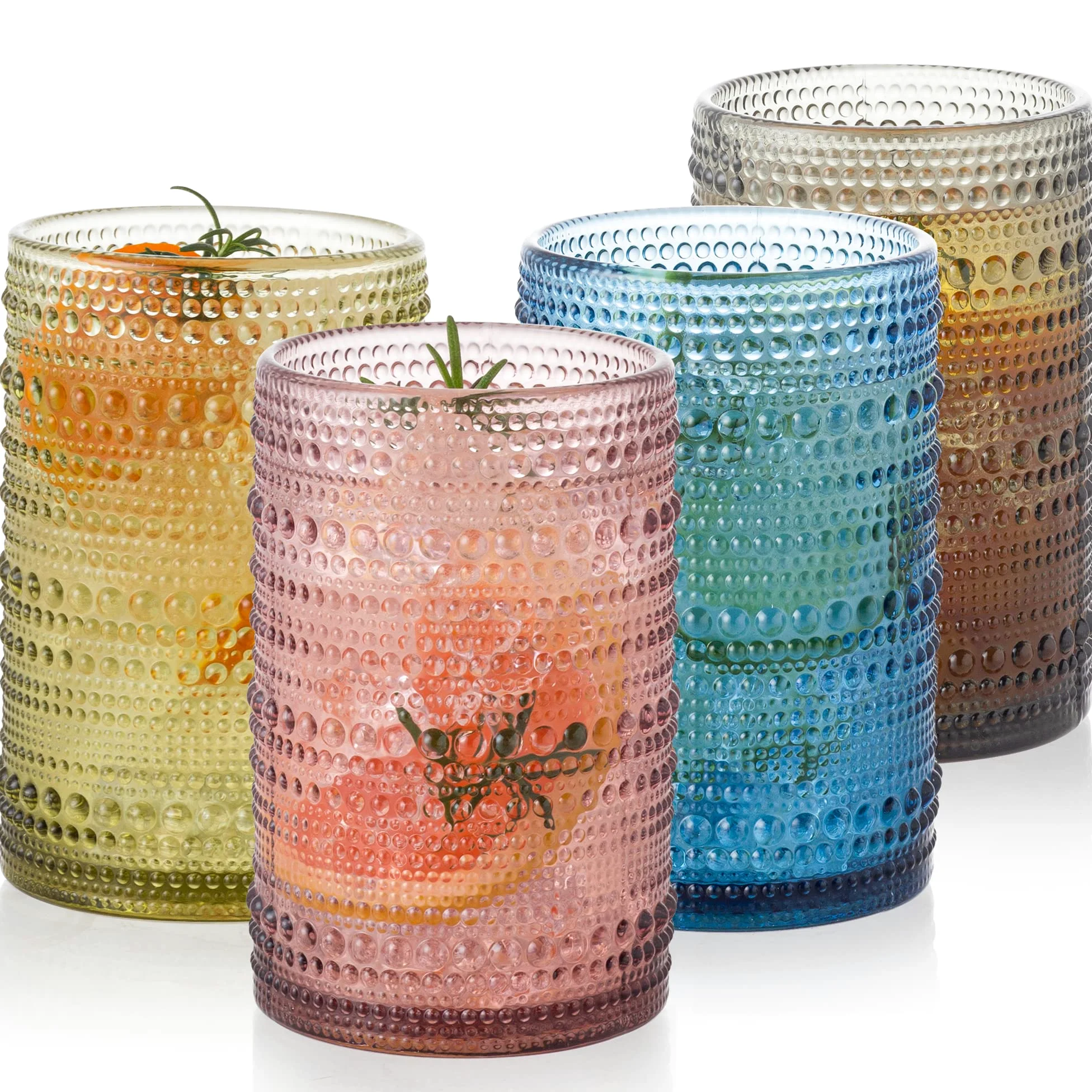 Lot de 4 verres vintage multicolores de 430,9 g pour bière, cocktail, soda et jus – Verrerie antique en relief avec quatre couleurs uniques, cadeau parfait