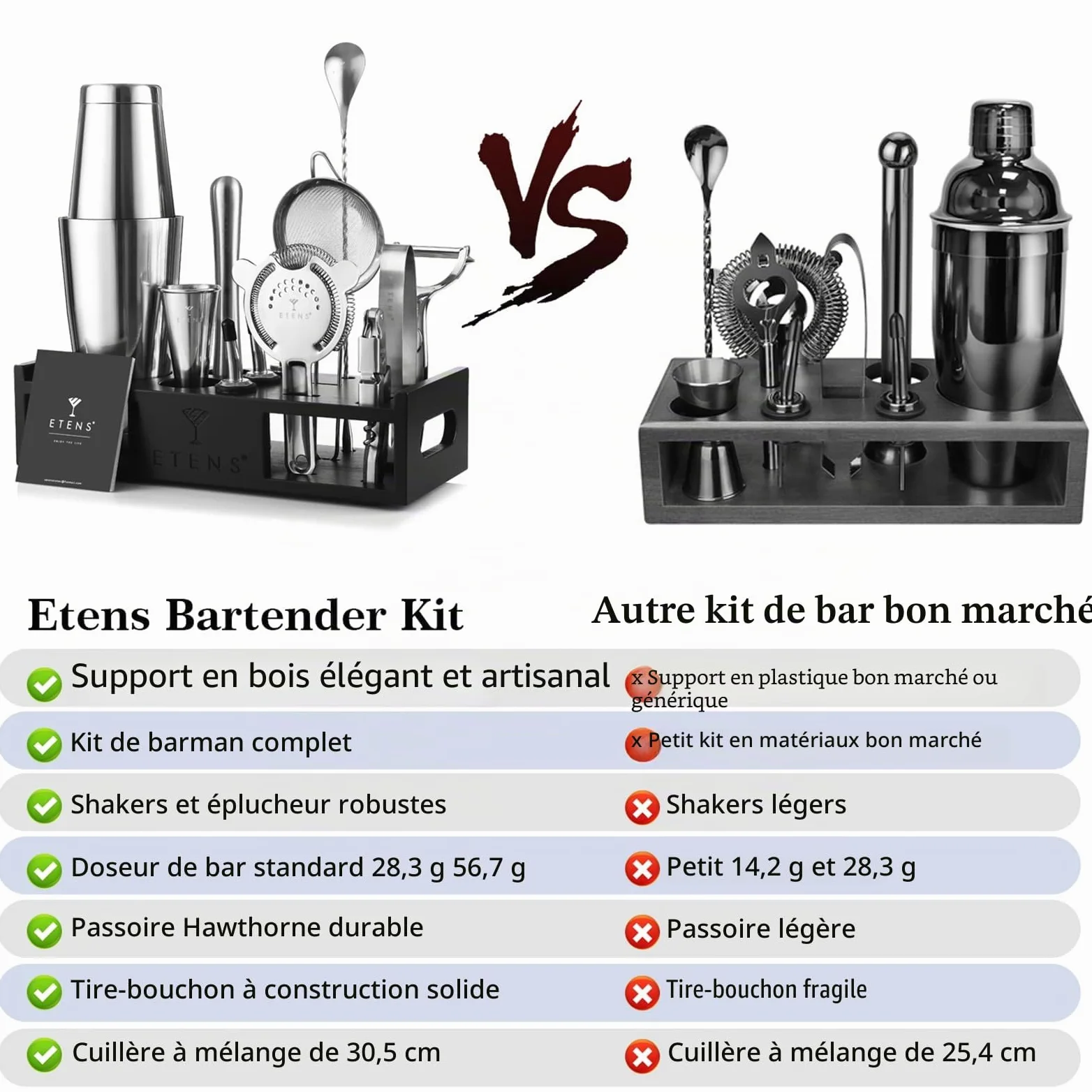 ETENS Ensemble Shaker à Cocktail - Accessoires de Bar - 15 pièces Mixology Barman Comprenant Un Shaker Boston, Un doseur Japonais, Une passoire, Un décapsuleur, Une cuillère à mélanger à Cocktail