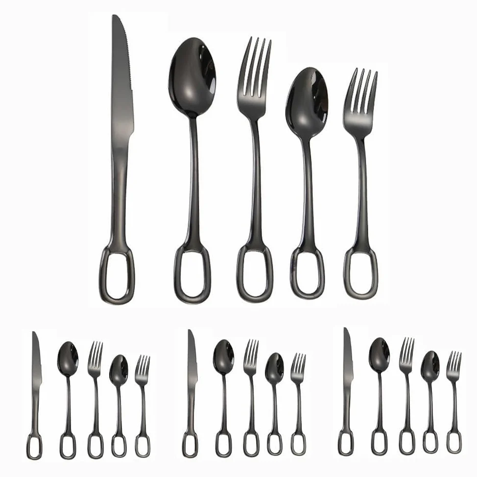 Cuisine Circulaire Trou De Suspension Poignée En Acier Inoxydable Argenterie Vaisselle Couverts Ensemble De Couverts Couteau À Steak Fourchette Cuillère Cuillère À Café (Noir,20 pièces)