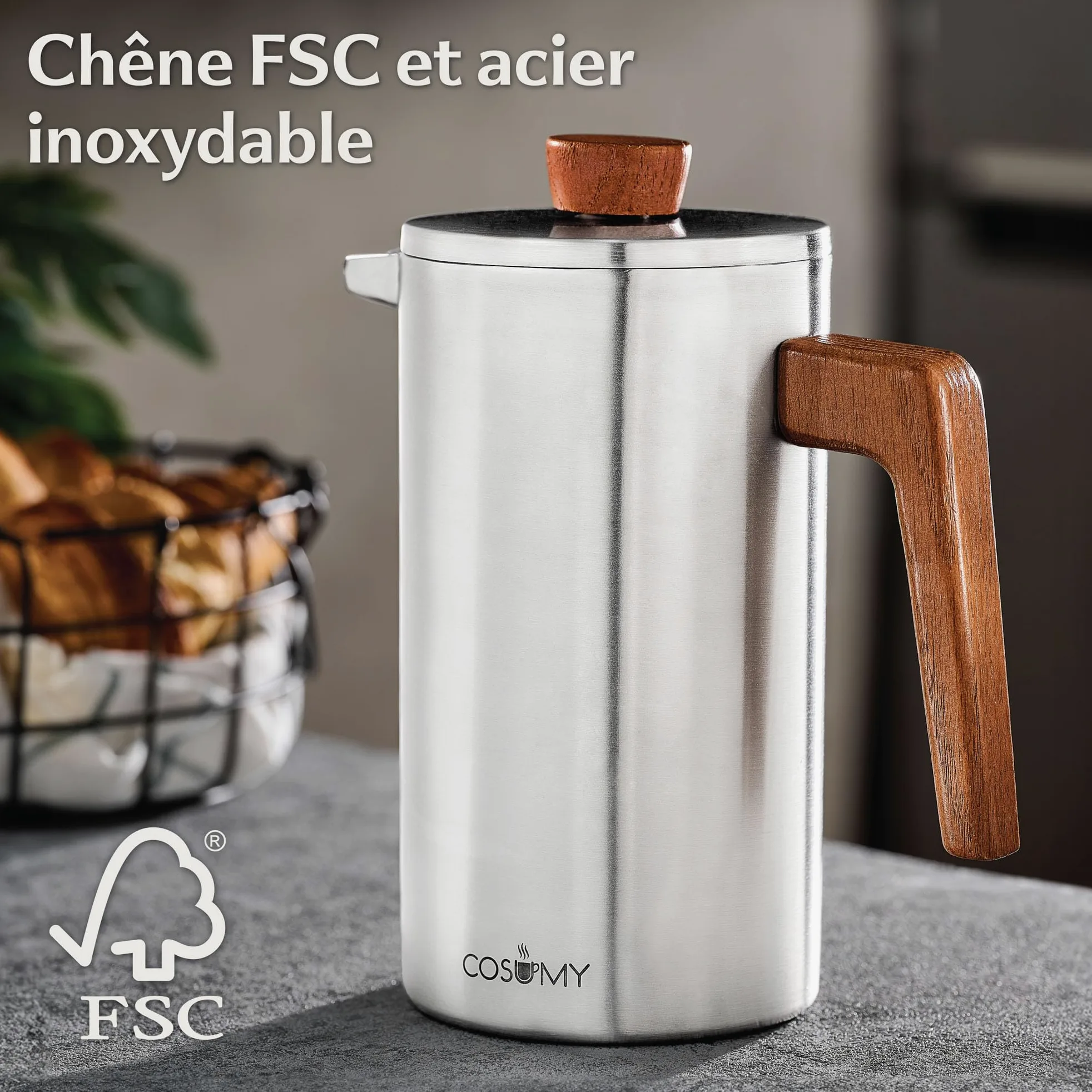 Cosumy Cafetière à Piston Inox 1l pour 5 Tasses - Double Paroi Isolante - Garde le café chaud - Acier Inoxydable et Bois de chêne FSC