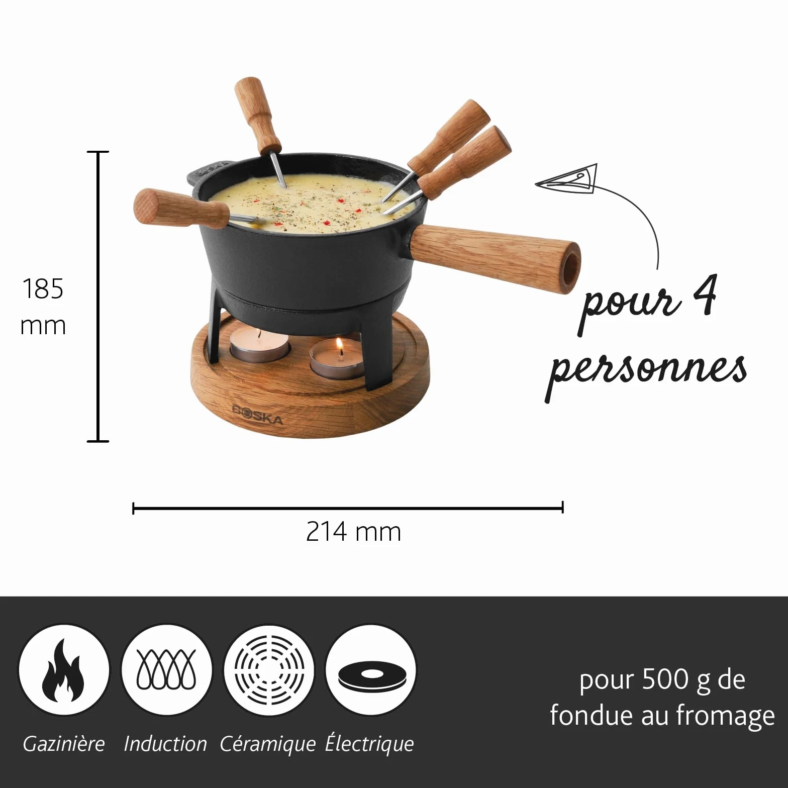 Boska Appareil à fondue Pro S - Fondue - Service à Fondue - Pour 350 gr - Fromage Fondu - inc. Fourchettes - 2 à 4 Personnes - Bois de Chêne & Acier Inoxydable - 700 ml Contenu
