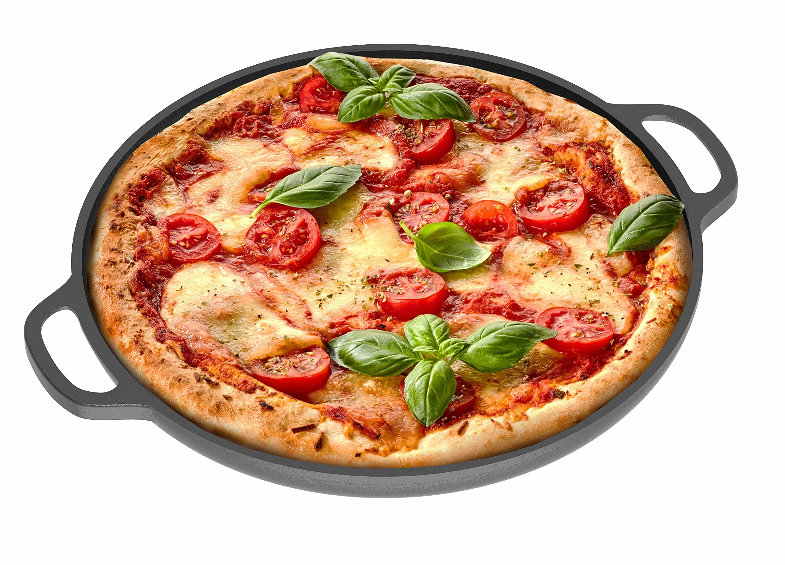 Chef Pomodoro - Plaque Pizza Four avec Poignées - Poêle En Fonte Antiadhésif pour Cuisinière, Four, Bbq, Feu de camp - Assiette a Pizza et Plaque de Cuisson pour Préparer, Griller, 30 cm
