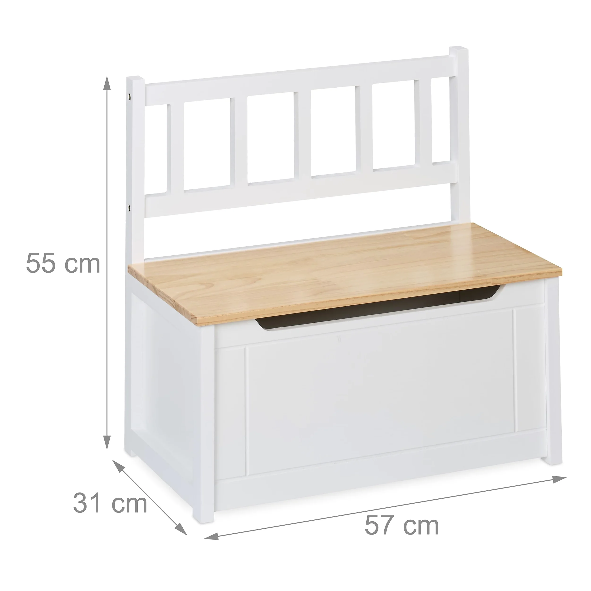 Relaxdays Banc de Rangement pour Votre Enfant, Couvercle Pratique, H x L x P : 55 x 57 x 31 cm, Blanc et Nature