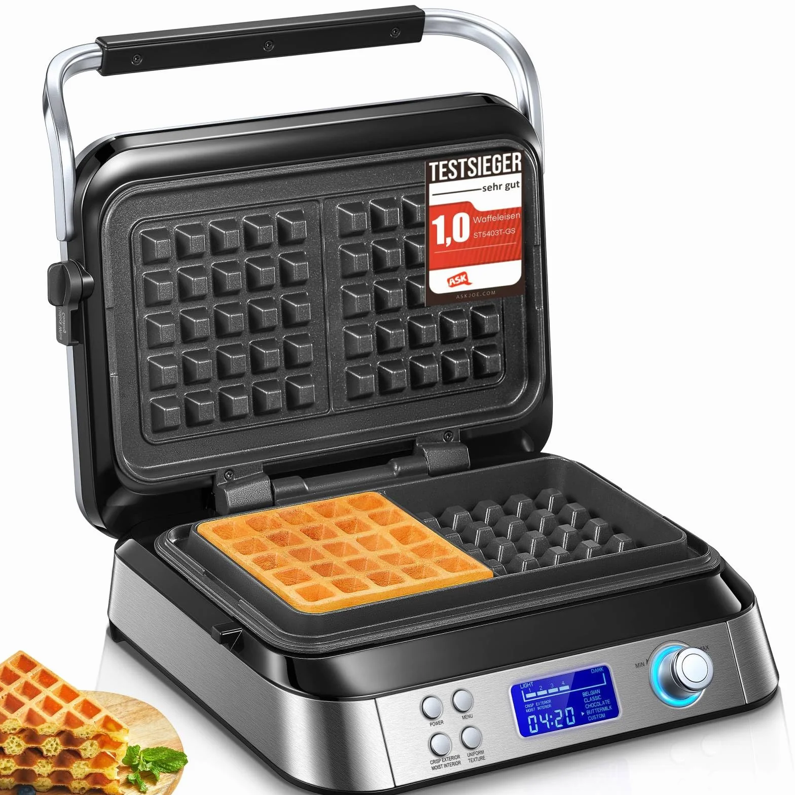 Gaufrier Gaufre Belge, Gaufrier Double Intelligent Pro Avec Affichage Led, 2 Tranches, 5 Programmes DifféRents, 7 Niveaux De Brunissage, Acier Inoxydable (Argent)