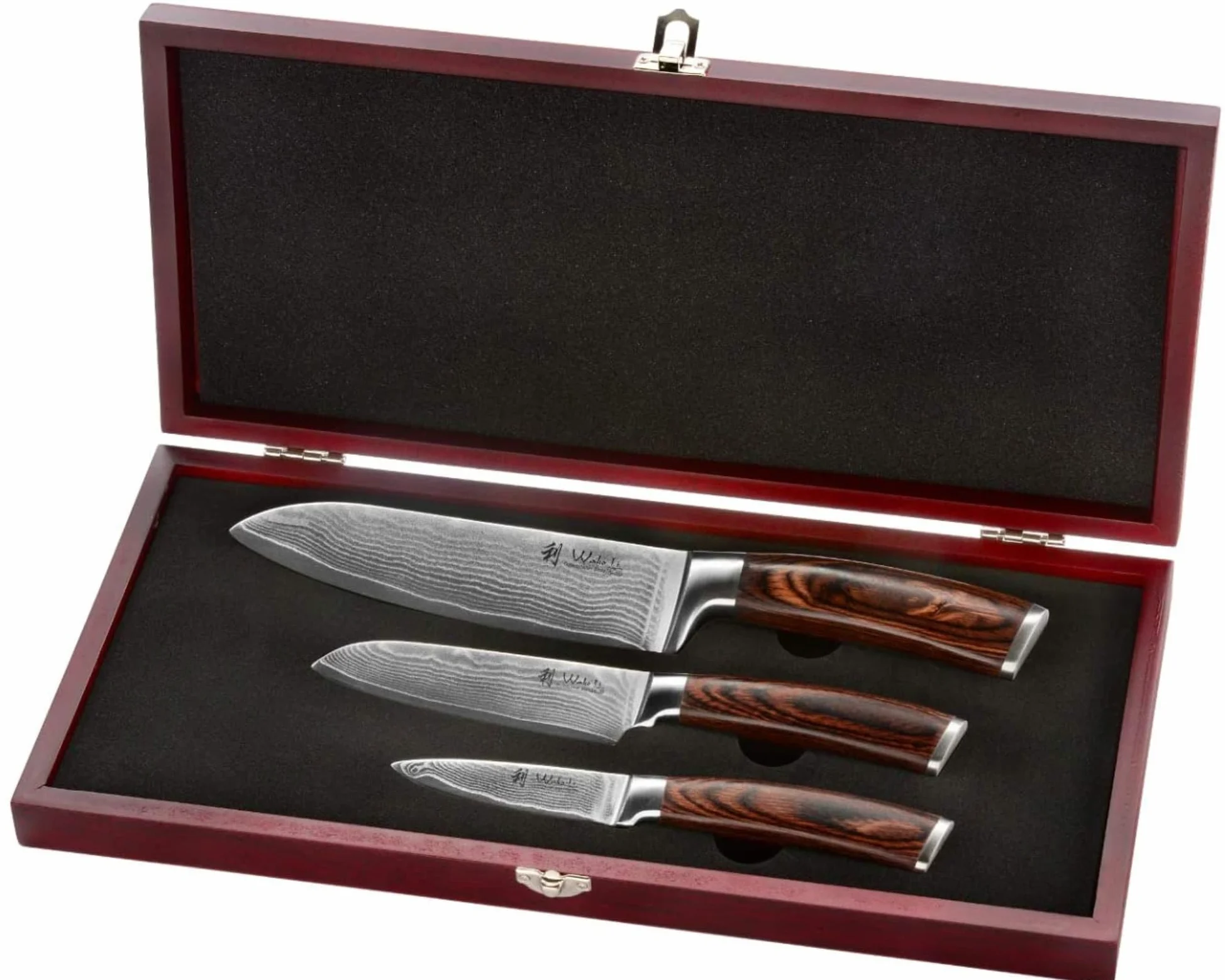 Wakoli Edib Set de 3 couteaux en Damas I Lames en acier damassé à 67 couches avec noyau VG10 et manches en bois de pakka I Couteaux de cuisine professionnels & couteaux damassés dans une boîte en bois