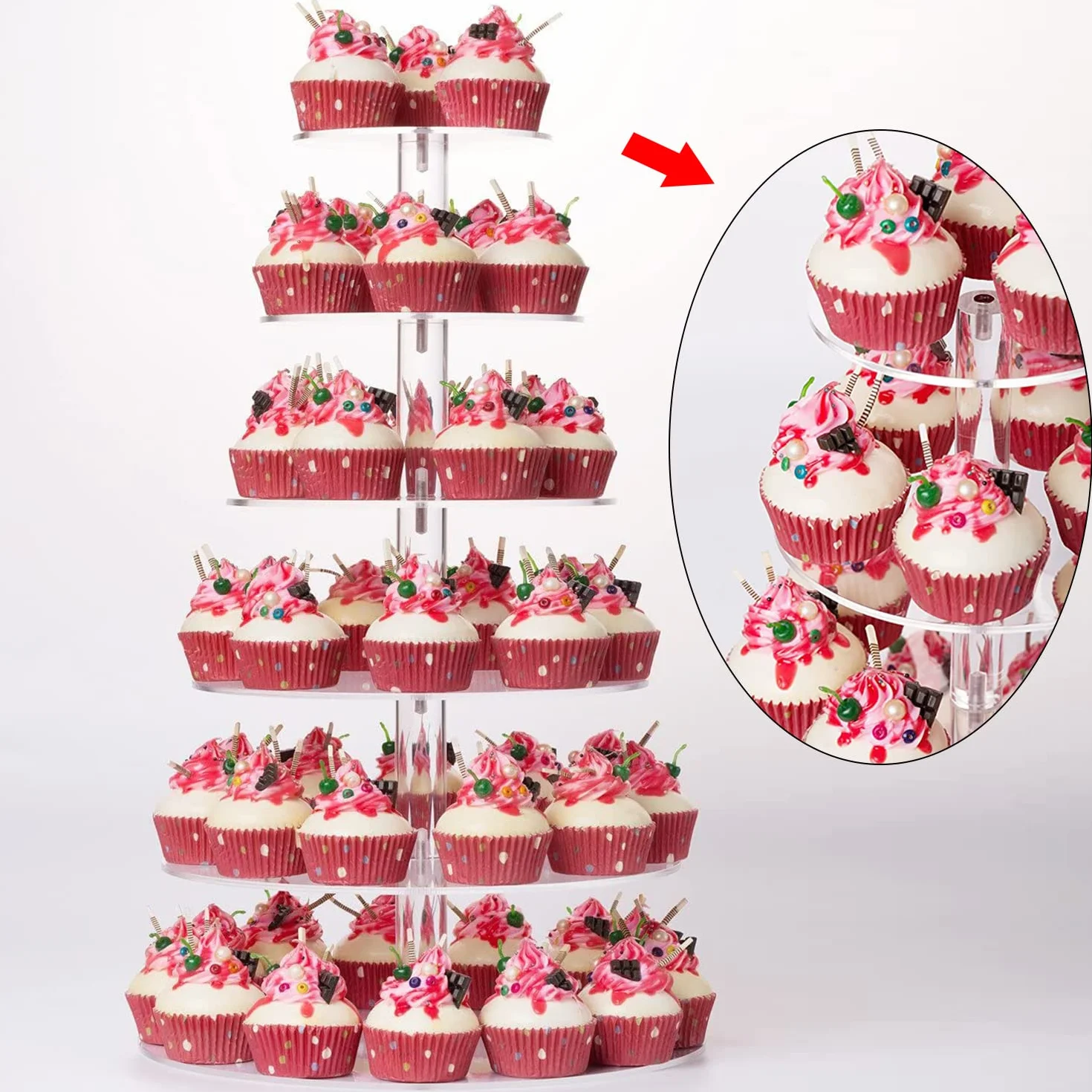 Présentoir Cupcake, 6 Etages Presentoir Gateau pour Mariage, Bébé Fête & L'après-midi Thé, 4mm Épaisseur Acrylique Dessert Tour Support for Muffin et Gâteau, Diamètre 16"/14"/12"/10"/8"/6"