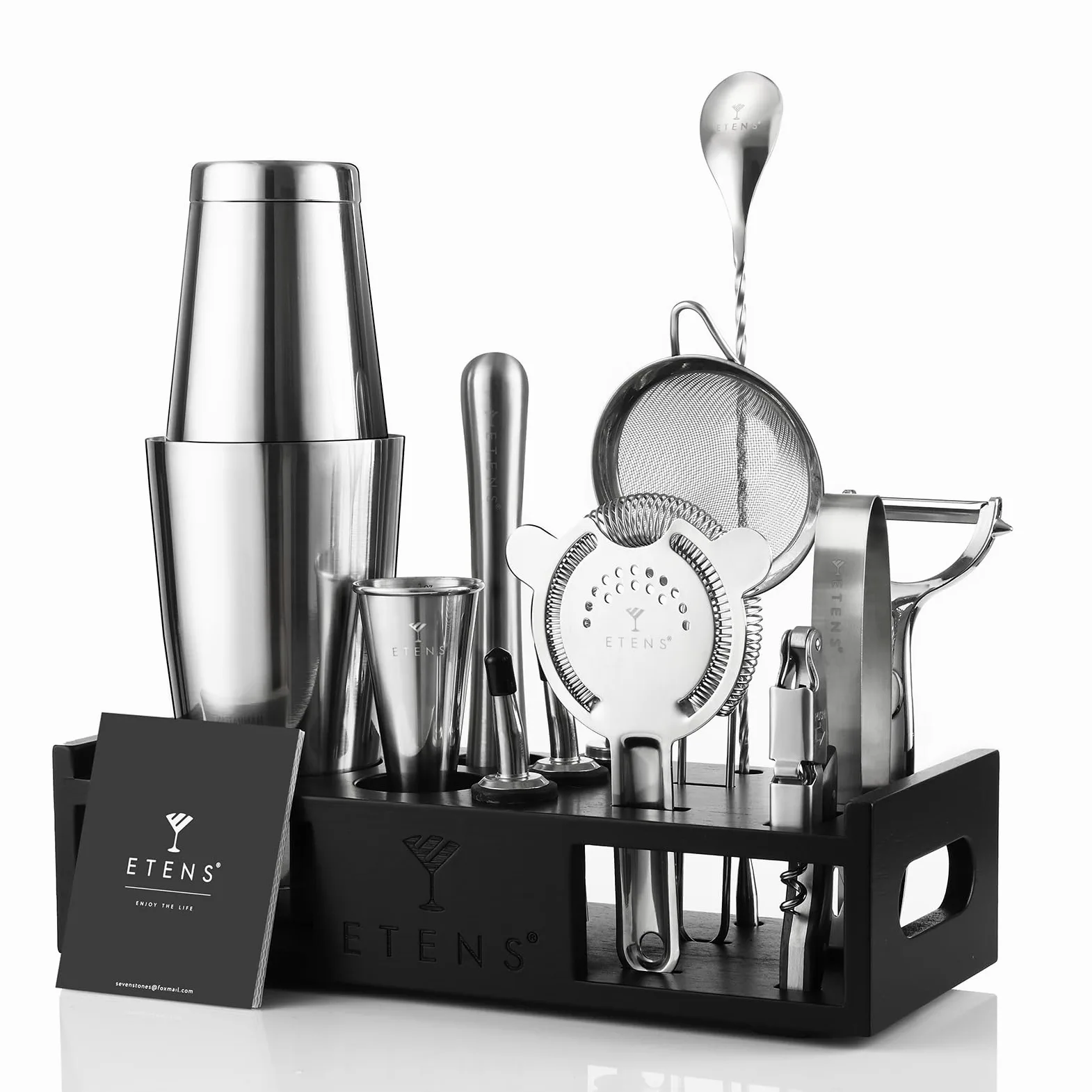 ETENS Ensemble Shaker à Cocktail - Accessoires de Bar - 15 pièces Mixology Barman Comprenant Un Shaker Boston, Un doseur Japonais, Une passoire, Un décapsuleur, Une cuillère à mélanger à Cocktail