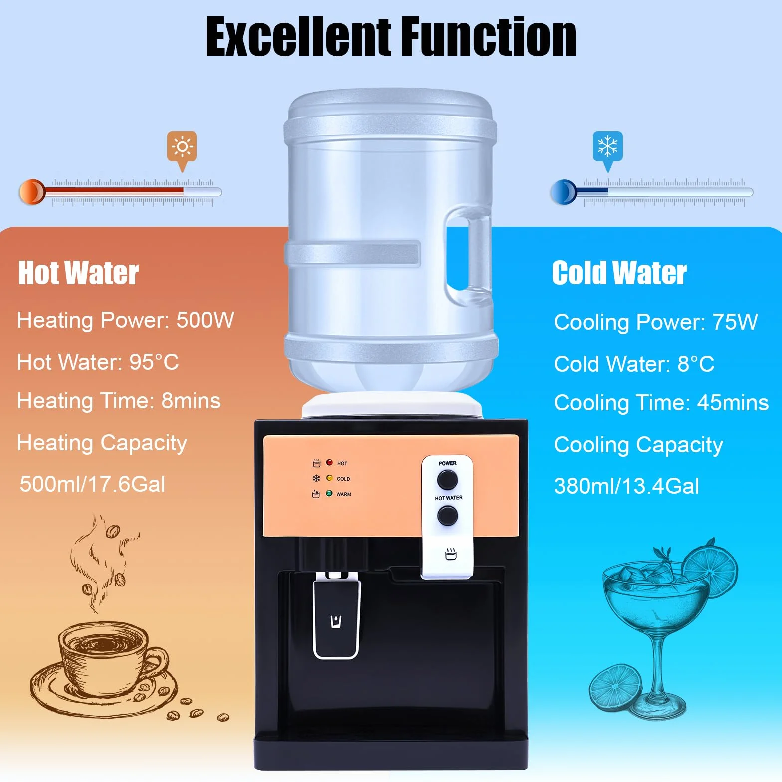 Distributeur d'eau électrique, mini distributeur de boissons chaud et froid avec revêtement en acier inoxydable de qualité alimentaire pour le bureau et la maison