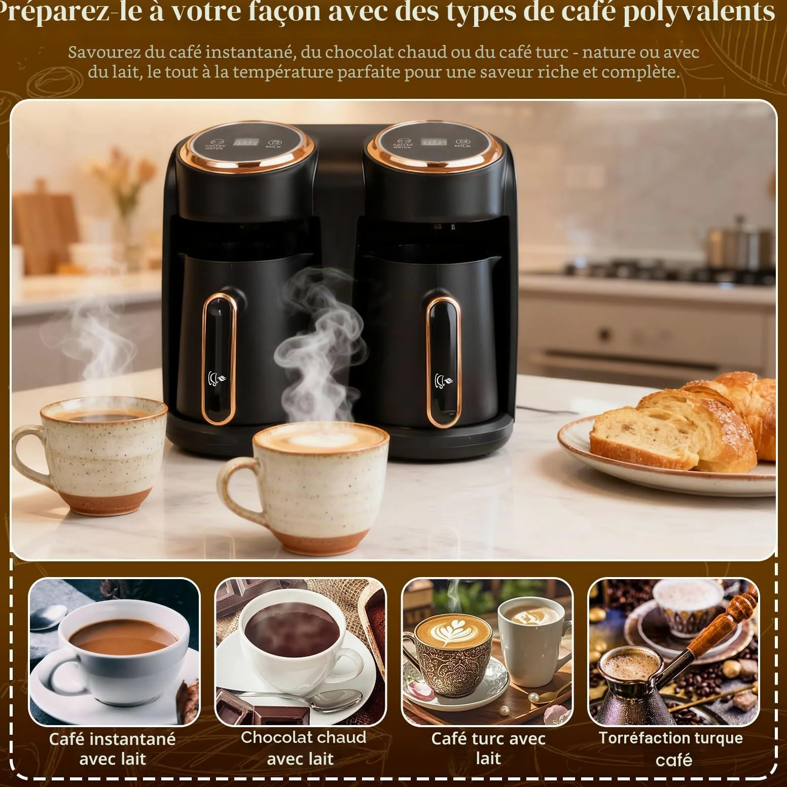 Cafetière turque, 600 W, cafetière turque avec double système de chauffage, protection contre le débordement et protection contre l'ébullition à sec, 300 + 300 ml (1 à 8 tasses)