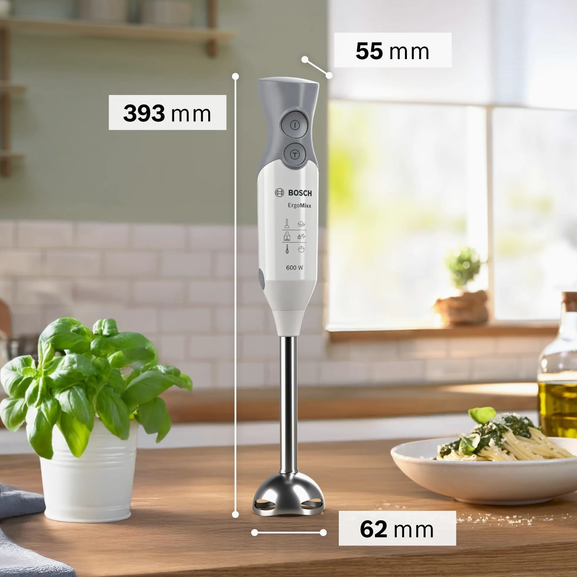 Bosch Mixeur plongeant ErgoMixx, moteur 600 W, 2 vitesses, gobelet doseur, blanc/gris, MSM66110