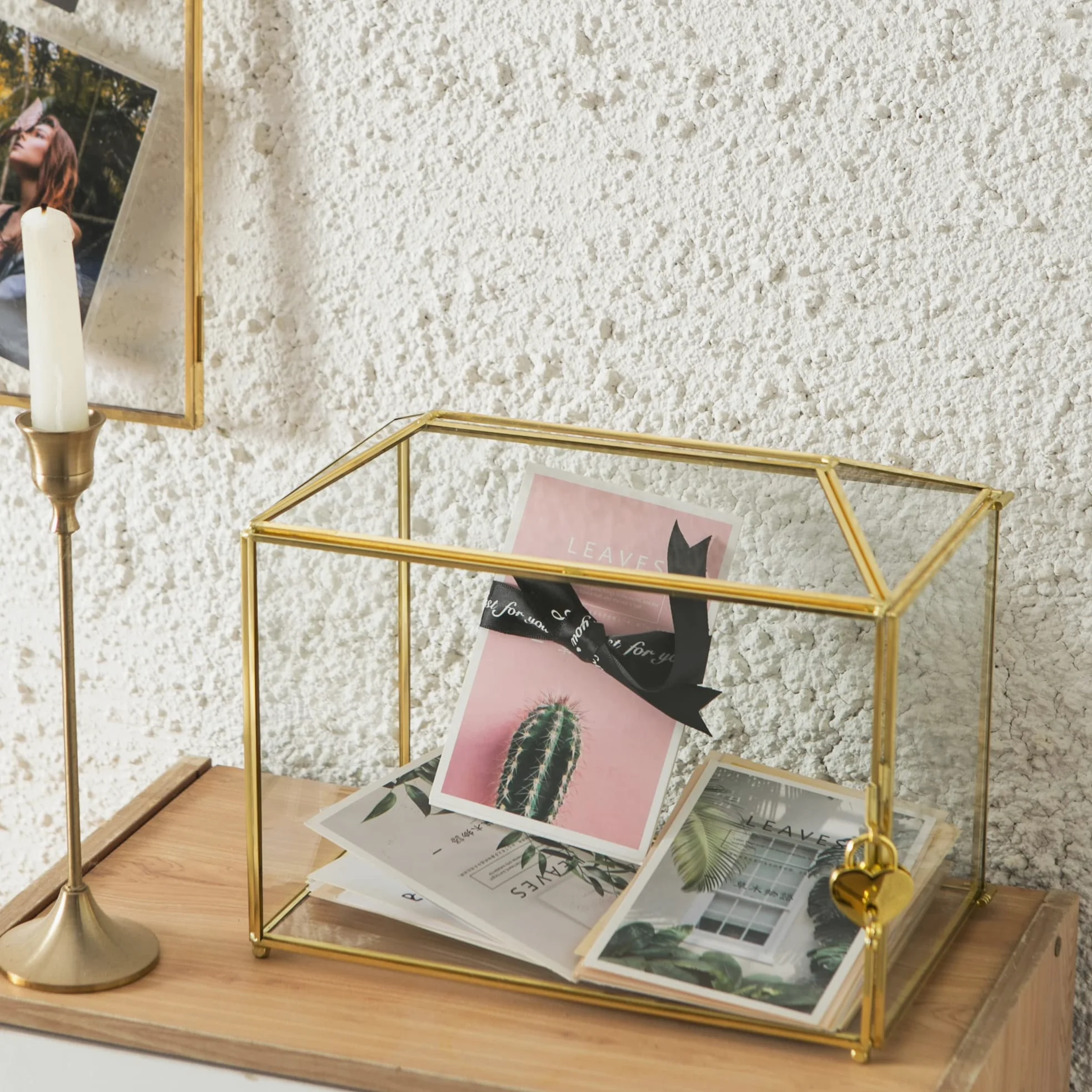 Grande boîte à cartes de mariage en verre transparent avec fente - 25,9 cm - En laiton doré - Avec serrure - Pour réceptions de mariage, fête prénatale, fête d'anniversaire