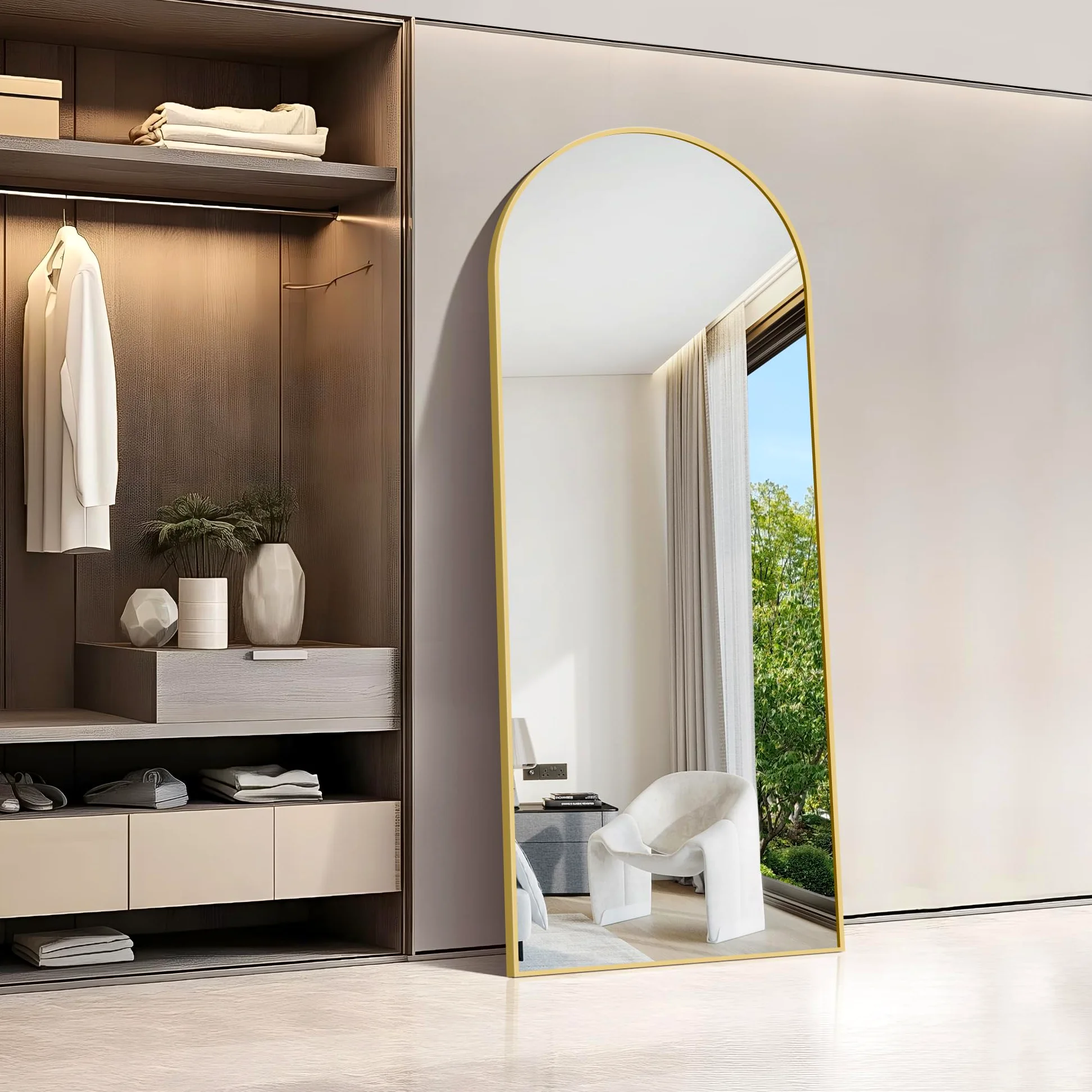 WOLIBEER Miroir sur Pied 179 x 65 cm, Grand Miroir Arqué en Pleine Longueur avec Cadre en Aluminium Doré, Miroir Mural sur Pied pour Salle de Bain, Chambre à Coucher, Entrée, Couloir, Vanité