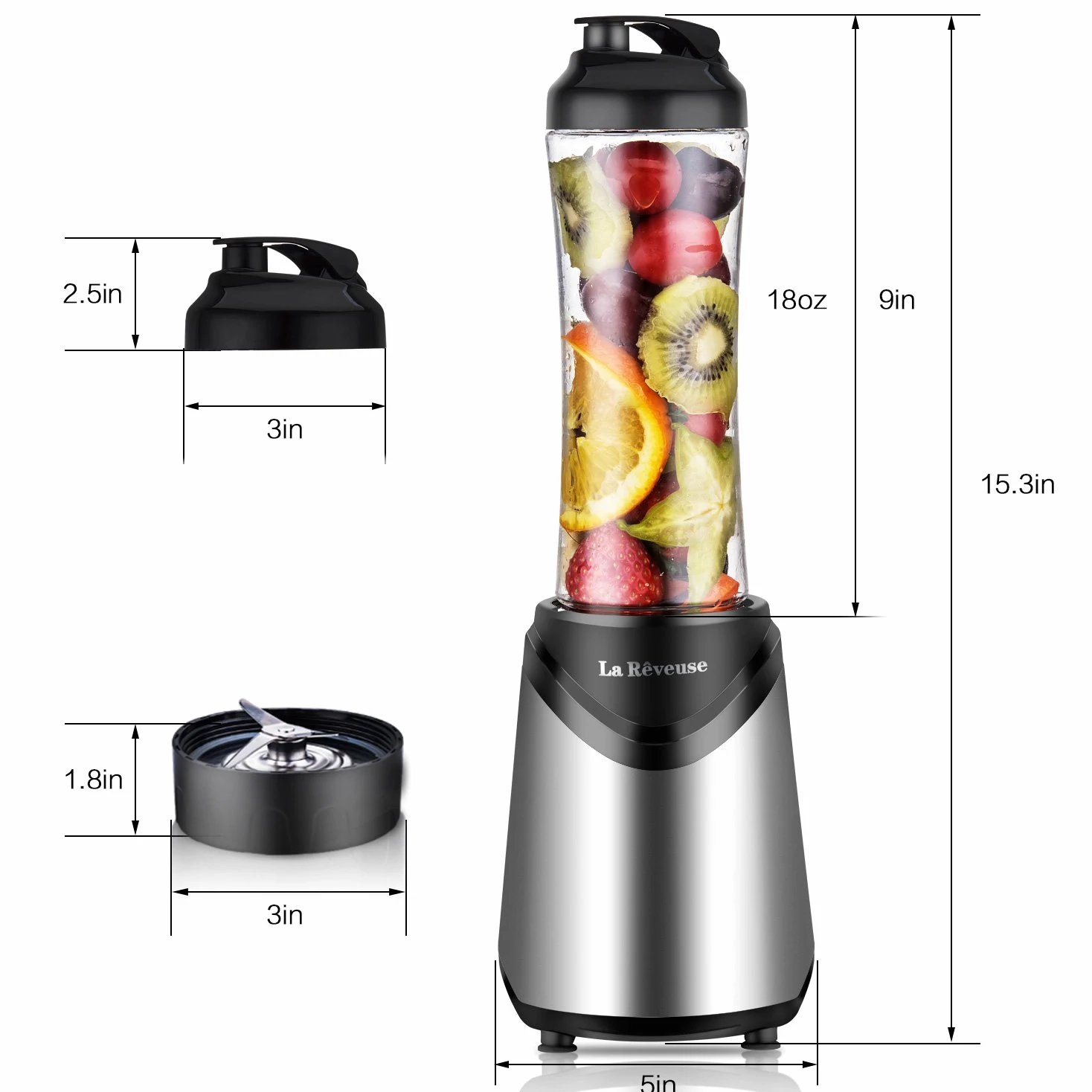 La Rêveuse Mixeur Blender avec 2 Bouteilles BPA-Free Portables de 550ml Mini Blender électrique Multifonctionnel pour Smoothie Milk-shake Fruits,Puissant 300W (Silver)