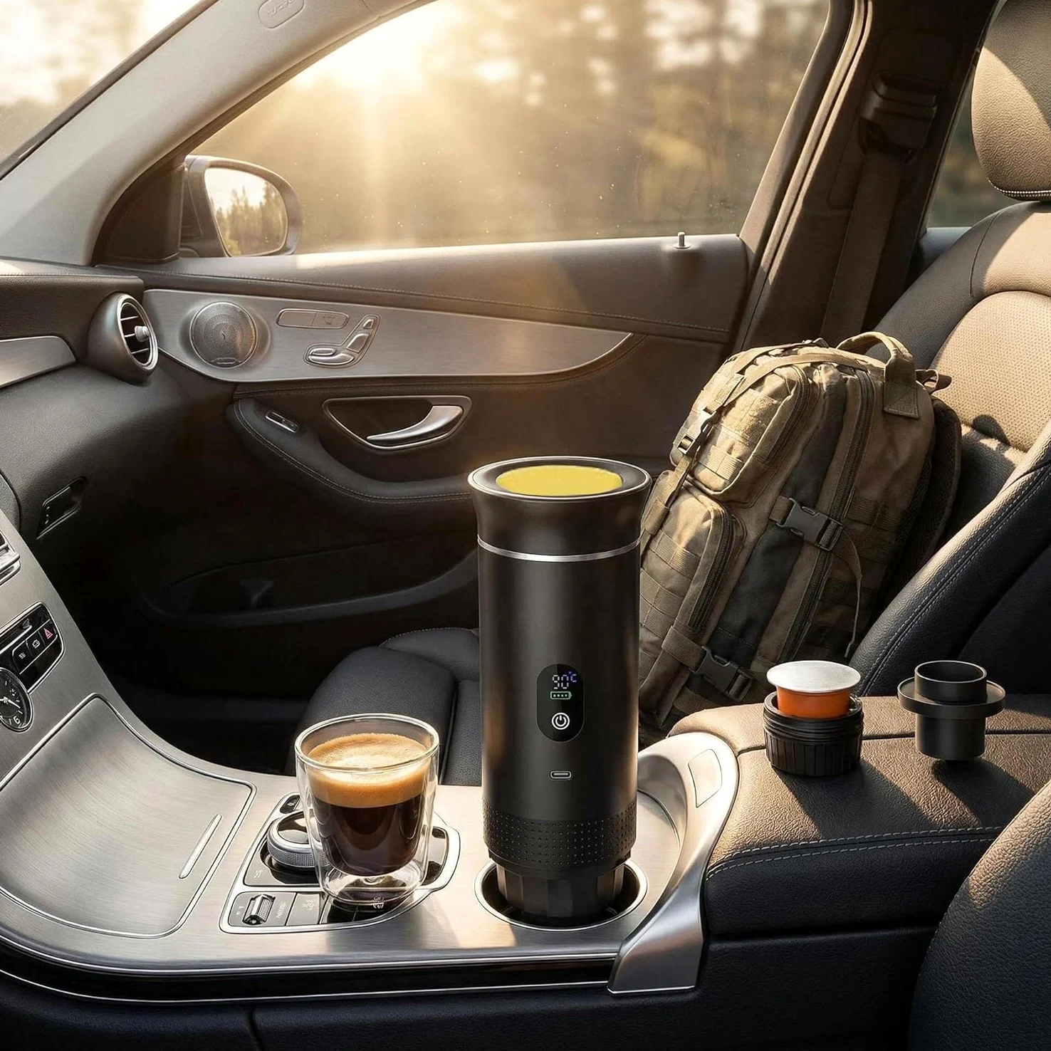 Machine à café électrique portable,Cafetière portable 3-en-1 avec auto-chauffage,Port de chargeur USB-C,Cafetière avec café moulu et capsule NS pour RV, camping, randonnée, bureau