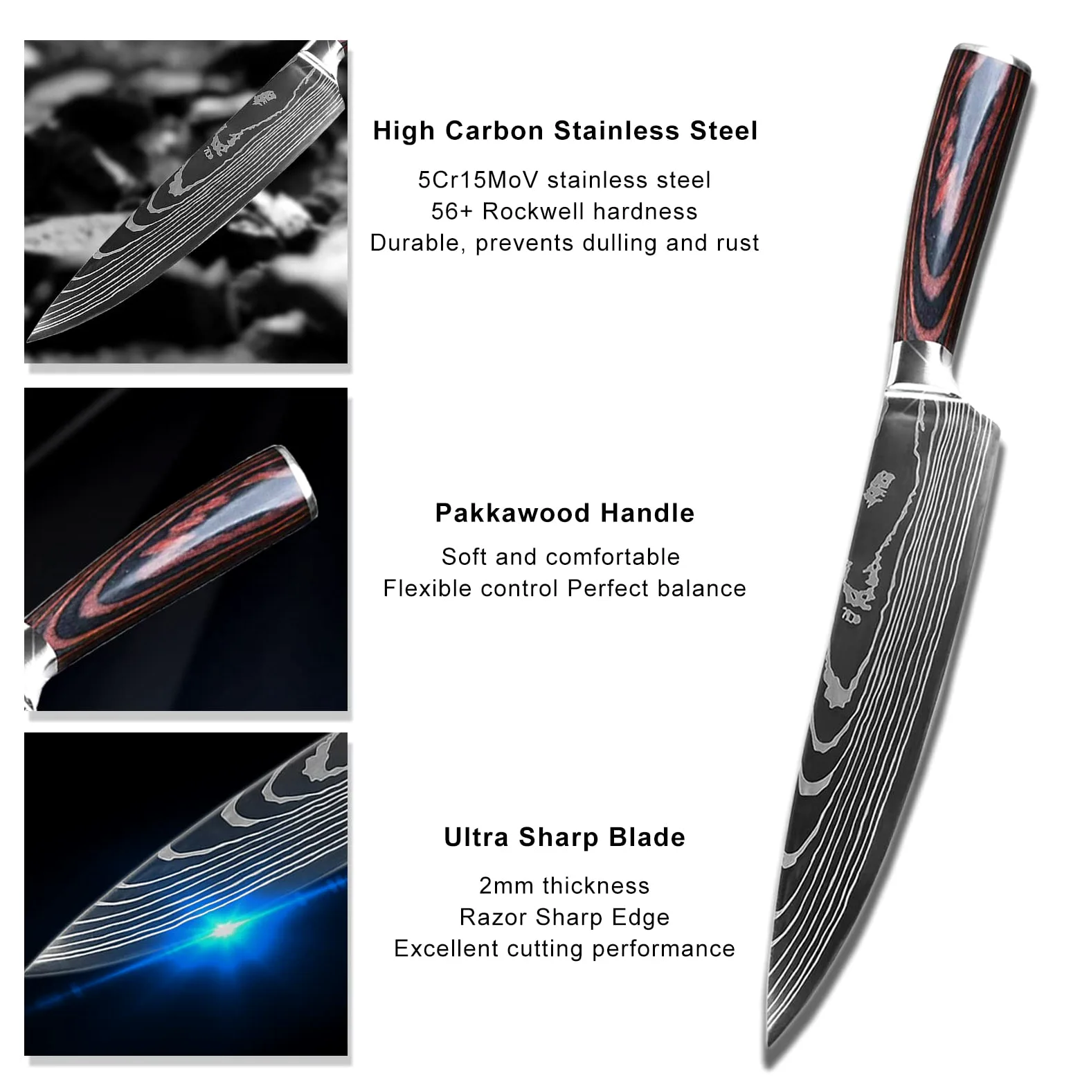 8 Pièces Couteau Cuisine Couteaux de Cuisine Ultra Sharp en Acier Inoxydable, Couteaux Japonais Professionnelle avec Poignée Ergonomique