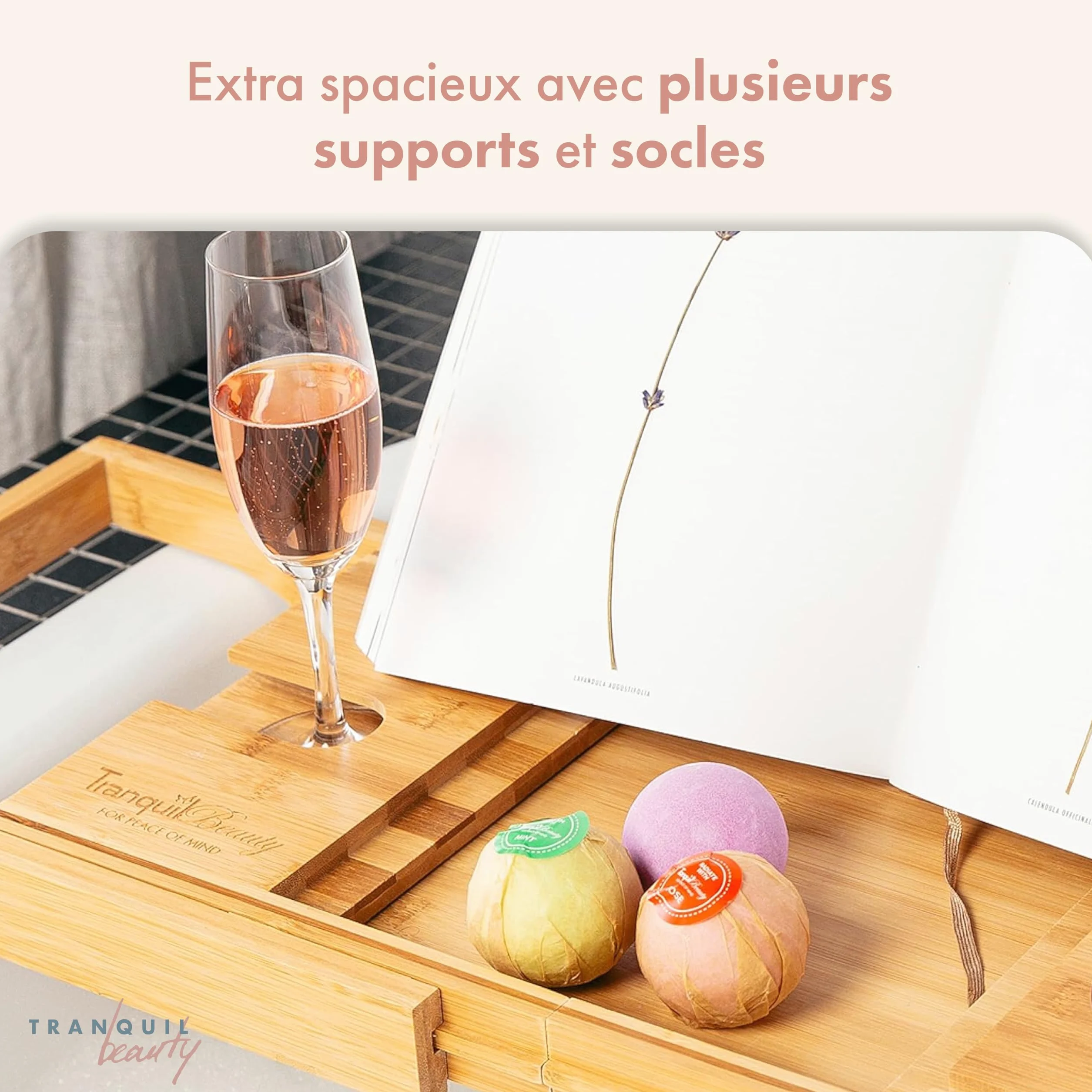 TranquilBeauty Panier de Bain Extensible | Plateau de Bain réglable avec Porte-vin en Bambou Naturel Durable | Planche de Bain en Bois de Luxe avec Support pour iPad, Tablette et téléphone