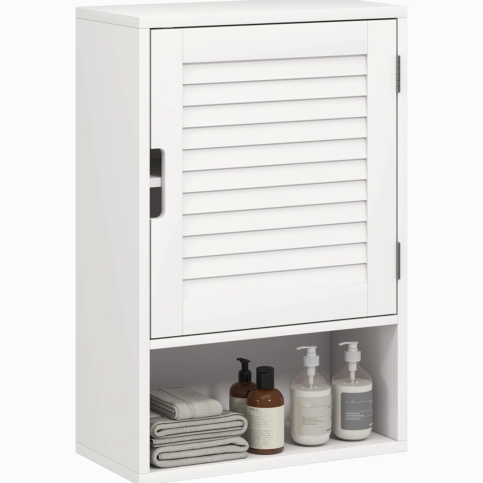 HOMCOM Armoire Murale de Salle de Bain, Meuble de Rangement Suspendu pour Salle de Bains avec Porte à Lattes, étagère réglable et Compartiment Ouvert, Meuble WC Suspendu, 40x20x60cm, Blanc