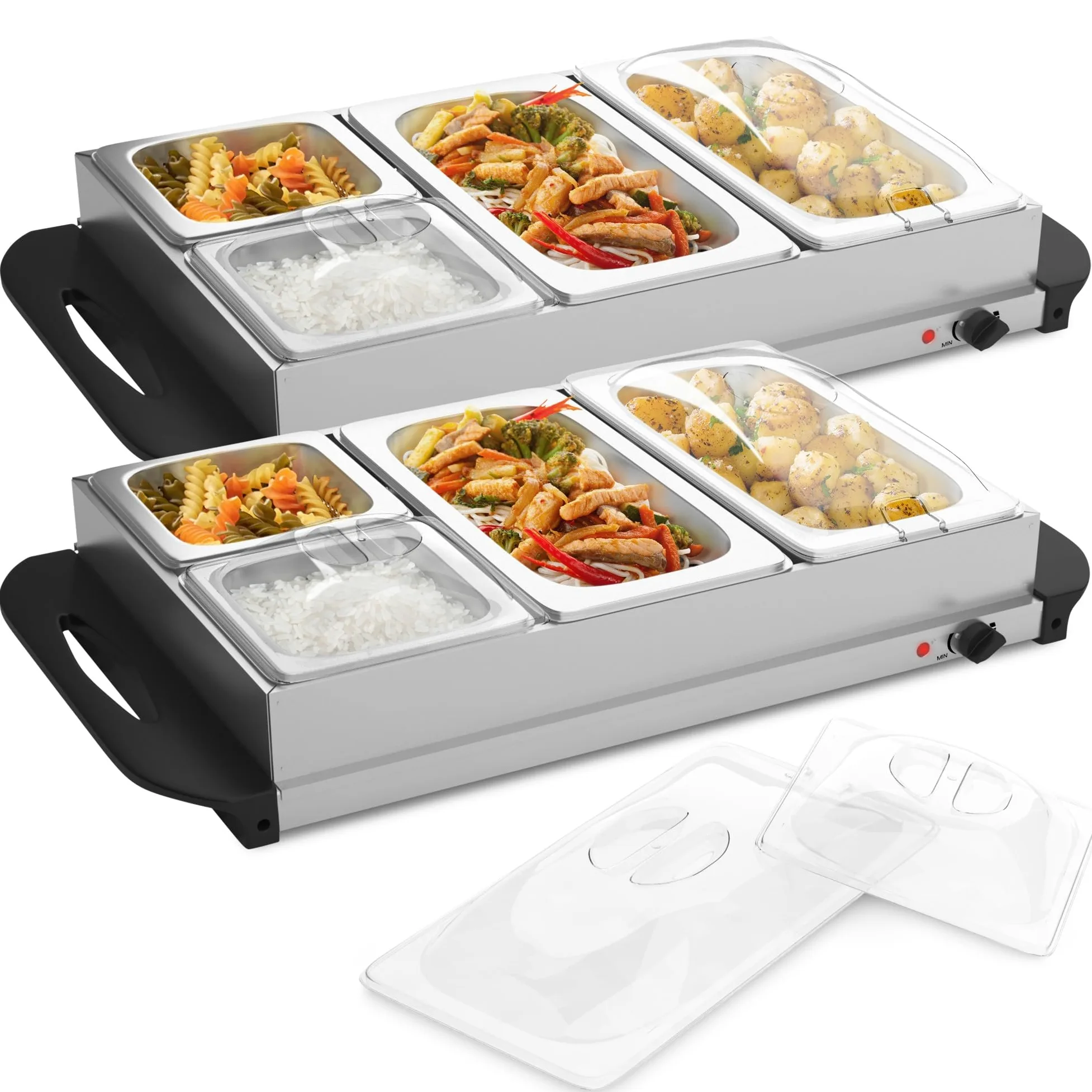 Jago® Chauffe-Plats Électrique - en Acier Inoxydable, Maintien de la Température, Couvercles Transparents - Chauffe-Buffet, Chafing Dish (8 Récipients / 4 x 2.5L + 4 x 1L (14L))
