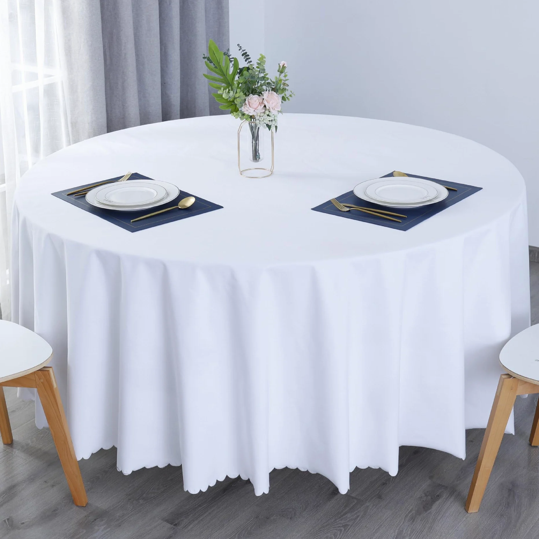 Nappe Ronde en Coton et Chanvre antitache Protéger et décorer la Table Nettoyage Facile Blanc Diamètre 260 cm