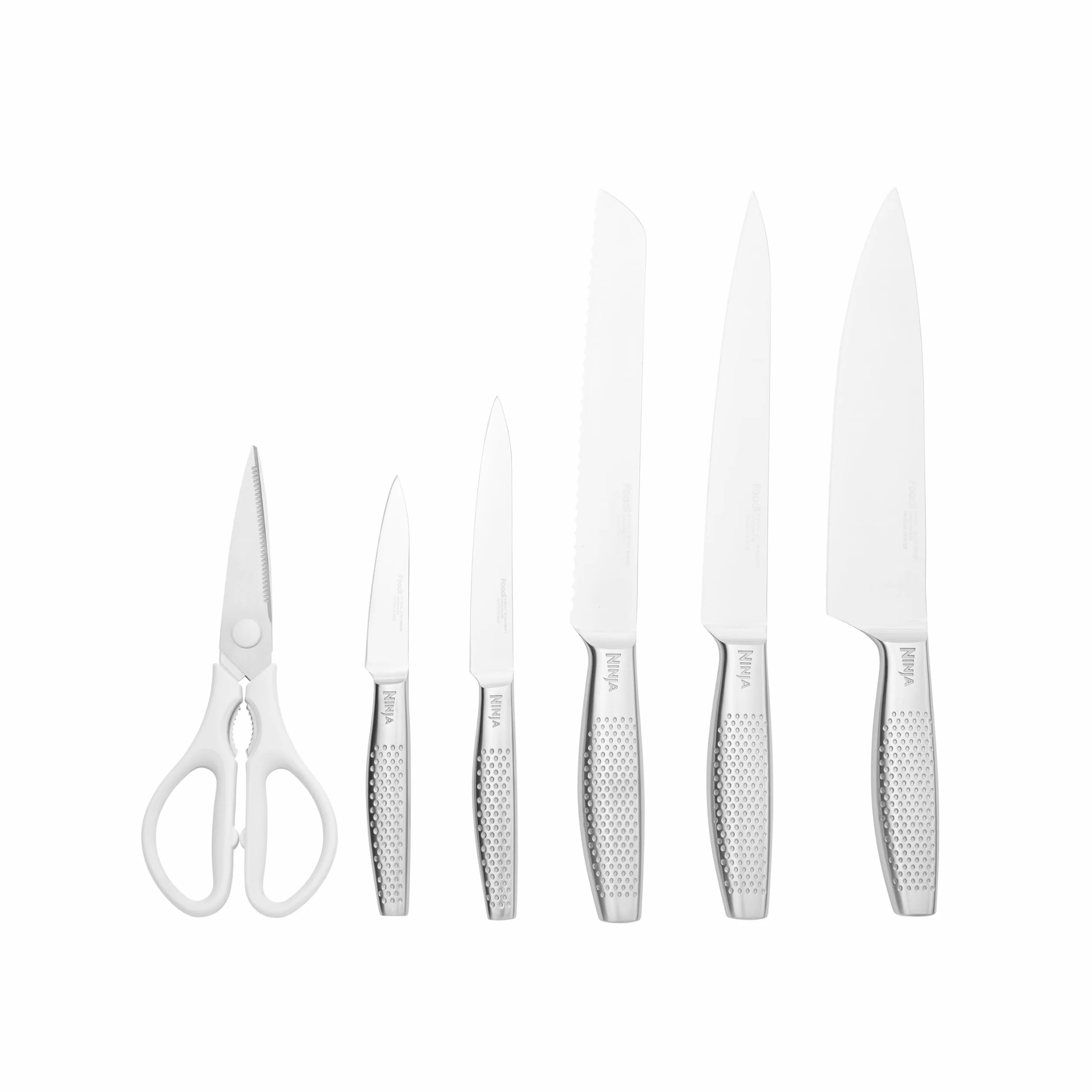 Ninja StaySharp Ensemble de couteaux 6 pièces en acier inoxydable avec aiguiseur intégré, ciseaux de cuisine et couteaux de chef, à trancher, à pain, tout usage et d'office, blanc, K62006EUWH