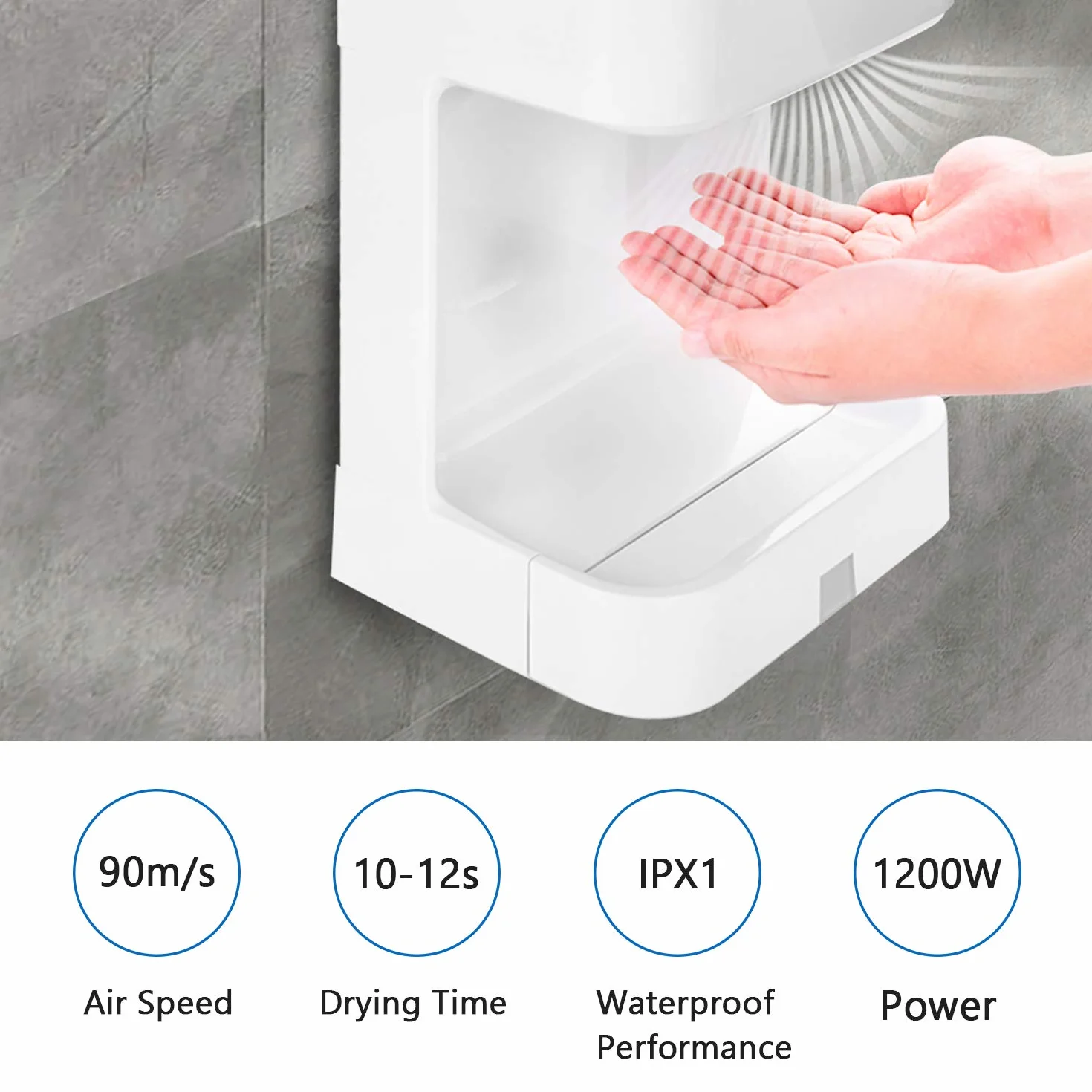 Automatique Sèche-Mains Électrique Haute Vitesse avec bac Anti-Goutte, Commercial et Ménage, Blanc