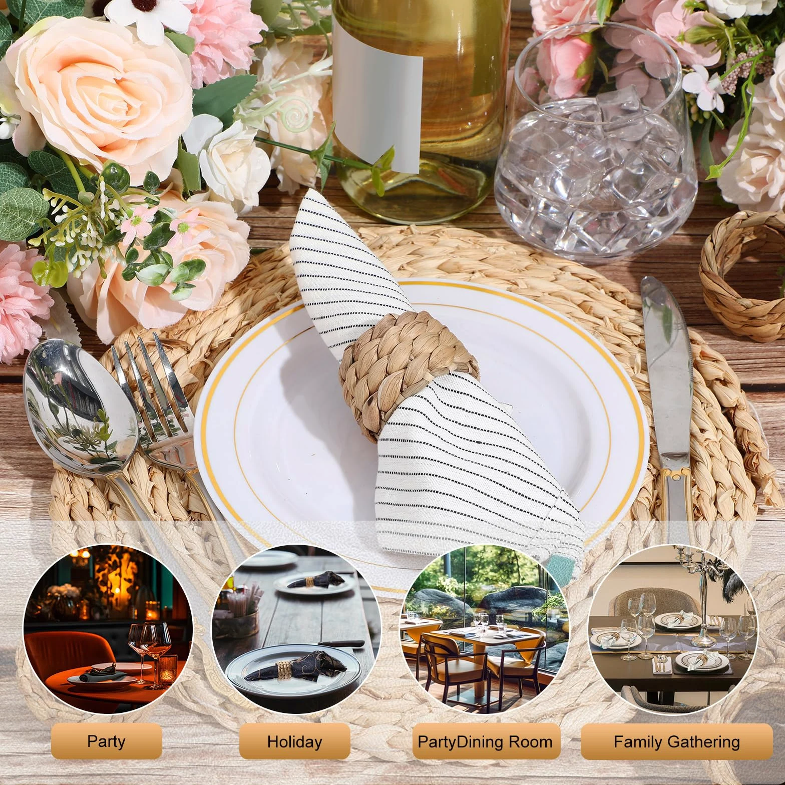 Hsei Lot de 48 ronds de serviette bohème en rotin tissé rustique fait à la main en jacinthe d'eau naturelle pour la Saint-Valentin, Thanksgiving, fête d'anniversaire, dîner