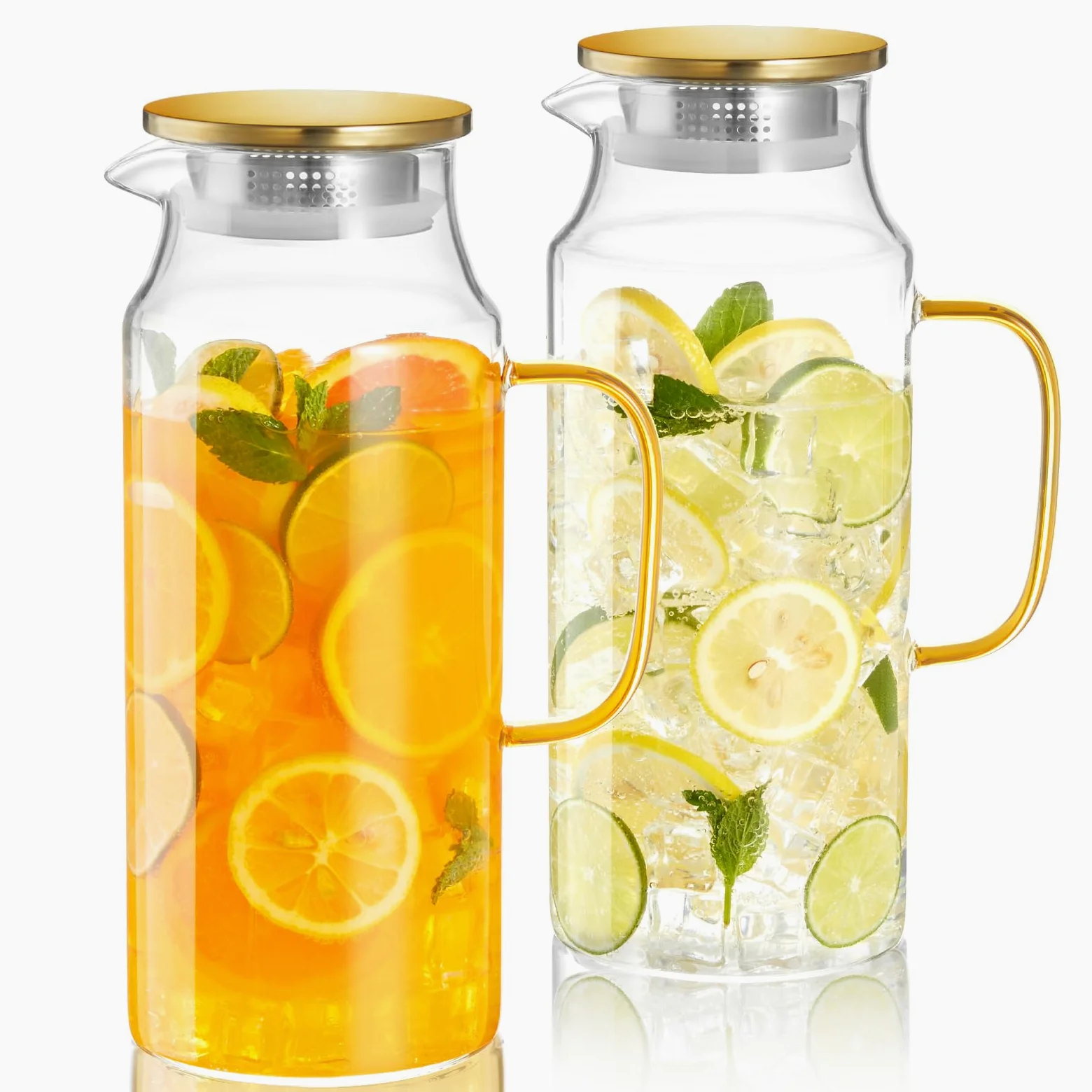 Lot de 2 pichets en verre de 2 litres avec couvercle et bec verseur, carafe à eau en verre pour réfrigérateur, carafe en verre pour eau chaude/froide, grande carafe pour thé glacé, café, jus et