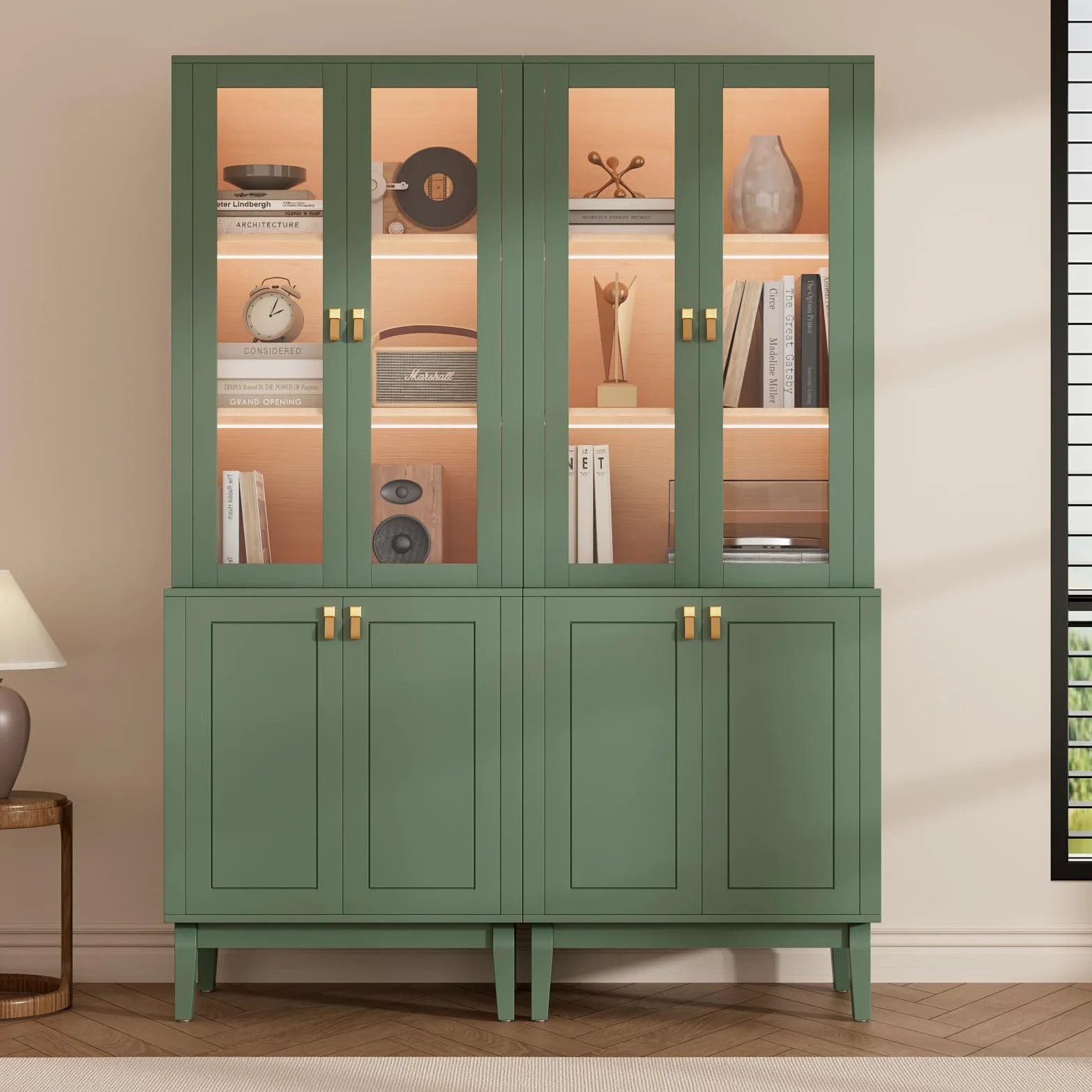 VOWNER Meuble TV Bibliotheque avec LED, 300 cm Grand Meuble Télé avec Portes en Verre pour TV jusqu'à 75 Pouces, Meuble TV Set, Buffet pour Salon, Cuisine, 300 x 180 x 40 cm (Vert, 5PCS)