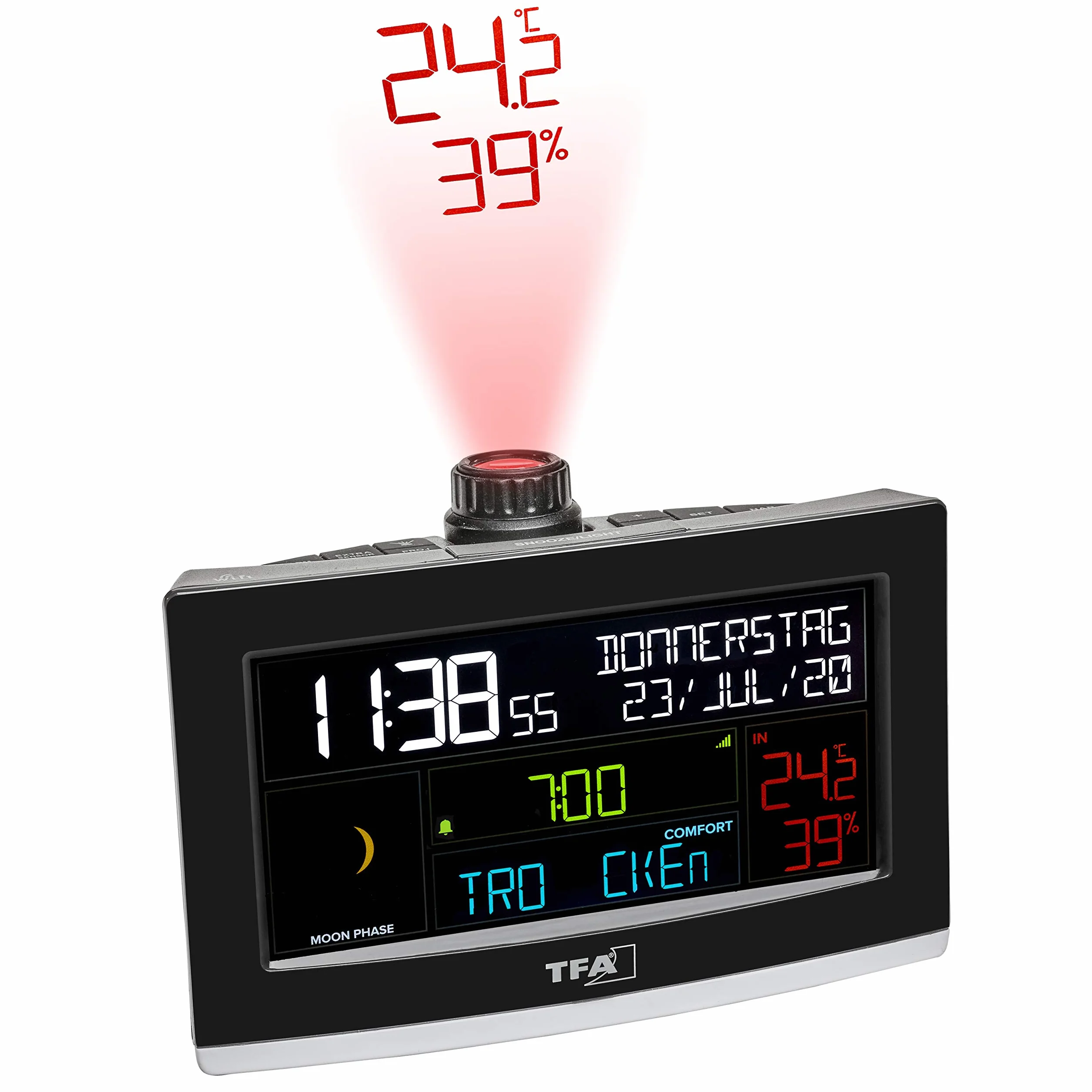 TFA Dostmann Réveil de Projection WLAN Show, 35.8002.01, avec Projection de l'heure, Alarme de réveil, Application View Gratuite, minuterie de Sommeil Court, Climat ambiant, Noir, Plastique