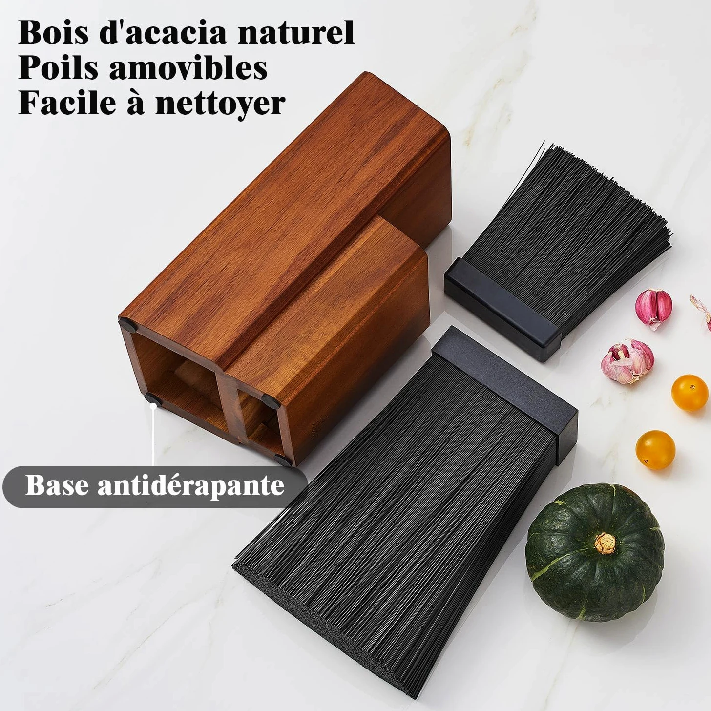 ENOKING Bloc Couteaux Cuisine, Porte Couteaux de Cuisine en Bois d'acacia, Range Couteaux de Cuisine avec poils en plastique Amovibles, Universel Support Couteau de Cuisine