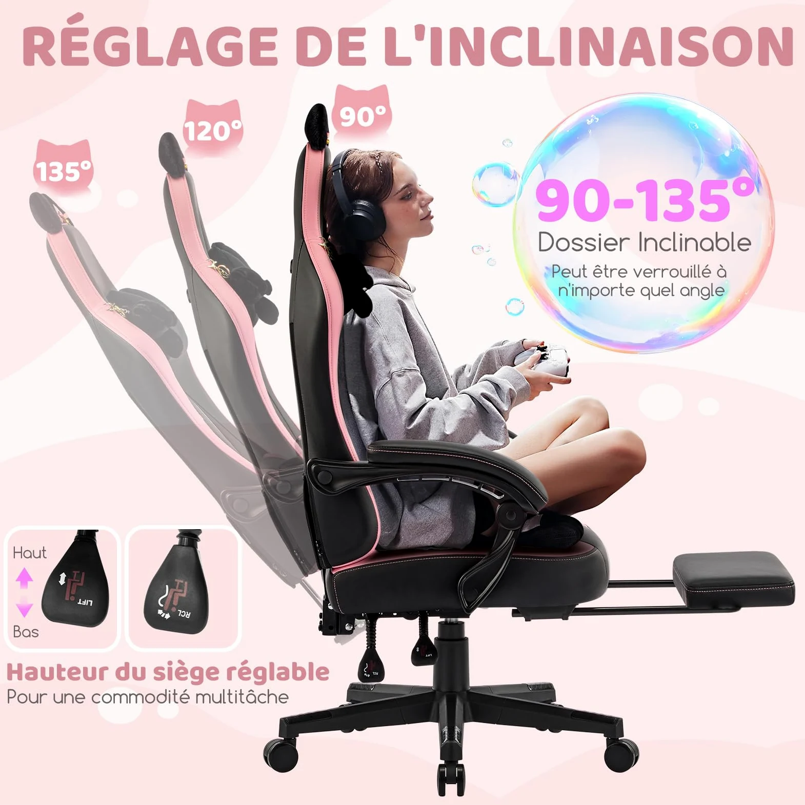 Hellove Chaise Gaming Ergonomique, Fauteuil Gamer avec Repose-Pieds Rétractable, Coussin Lombaire et Oreilles de Chat, pour Filles, Adolescents, Enfants, Cuir PU, Noir et Rose