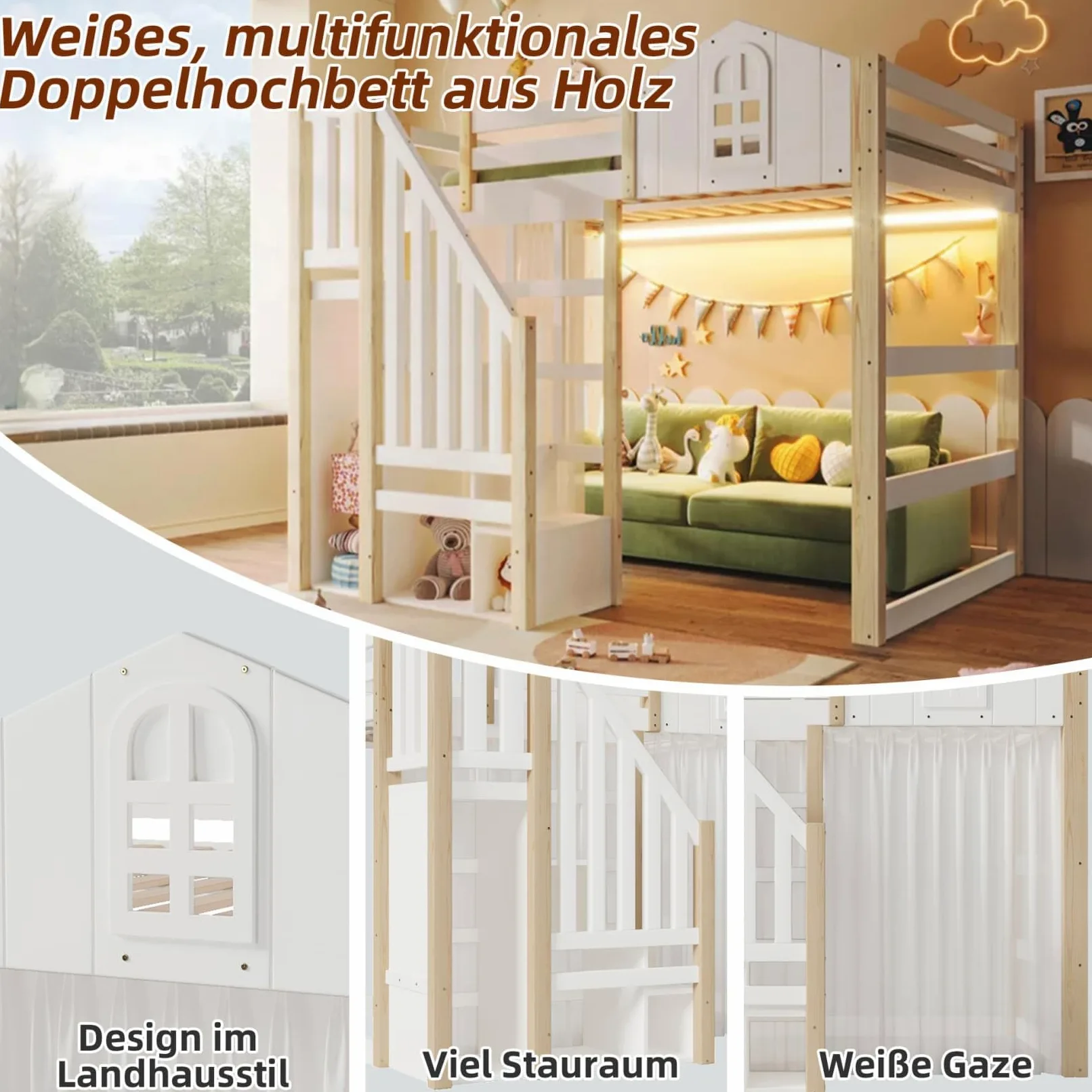 Lit Mezzanine 2 Places 140x200cm,Lit Cabane Enfant avec éclairage LED Réglable,Échelle de Rangement,Rideau en Gaze,Haute Barrière de Type Cabine,pour Enfants Adolescents (Blanc, 140x200)