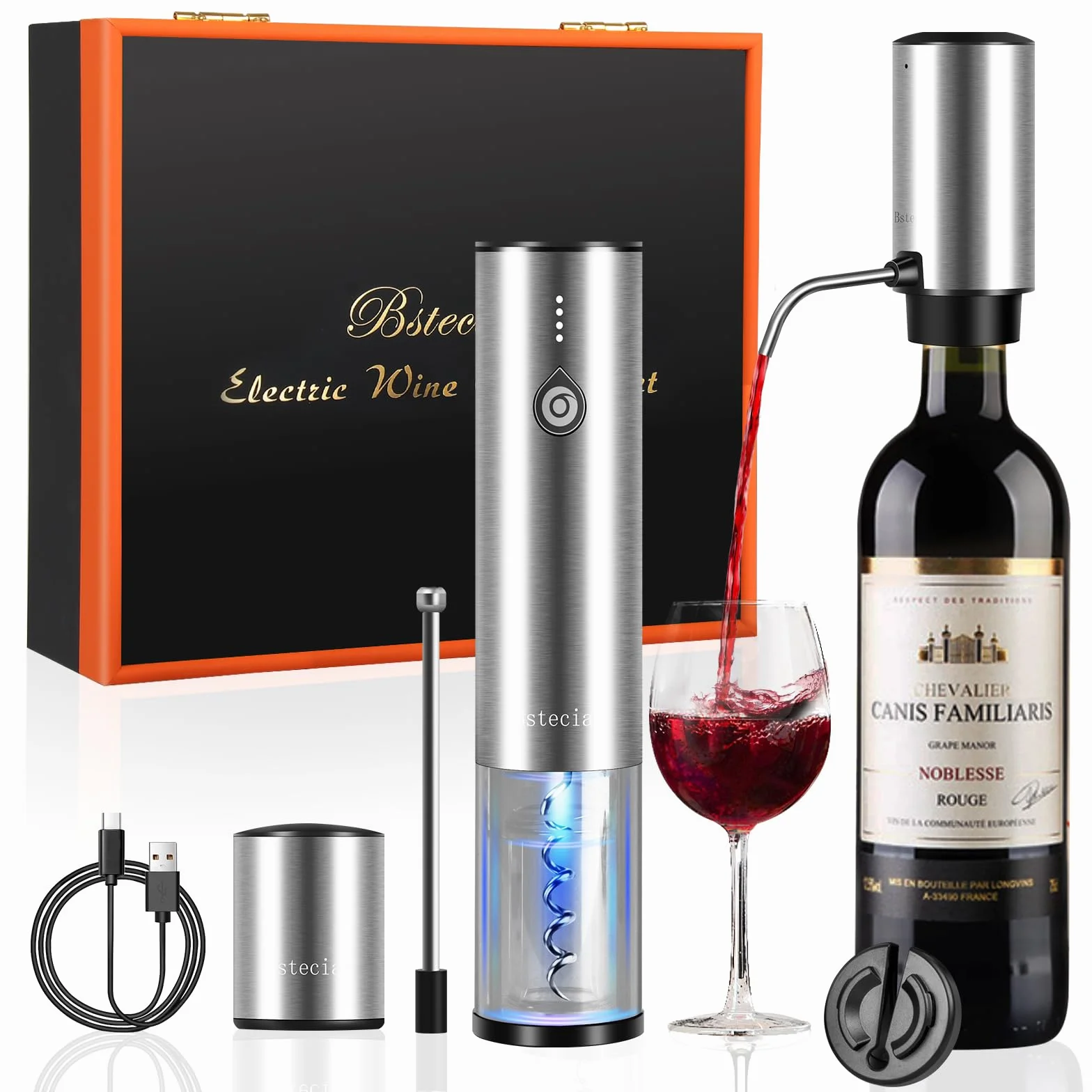 Tire Bouchon Electrique, 4 en 1 Coffret Cadeau avec Ouvre Bouteille Rechargeable, Aérateur de Vin Verseur Automatique, Coupe-Capsule et Bouchon à Vin sous Vide pour Idee Cadeau Homme