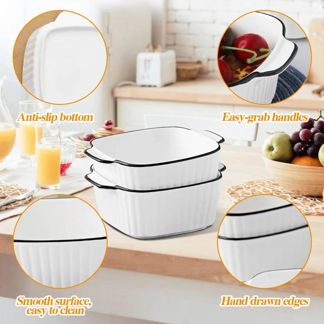 Lot de 4 plats à gratin carrés en céramique - 14,5 x 11,5 x 5,5 cm - Avec poignées - Empilables - Pour friteuse, four et micro-ondes - 400 ml