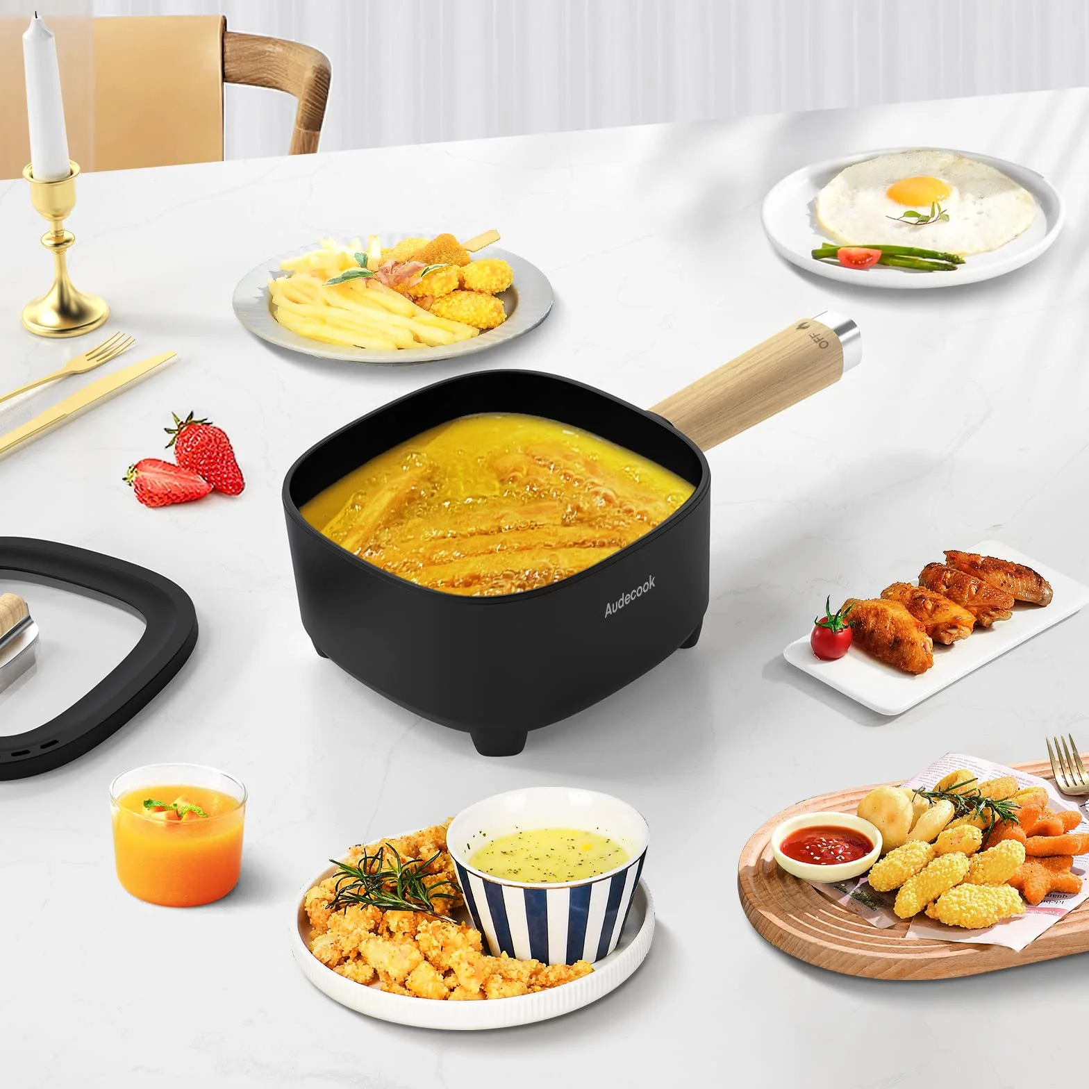 Audecook Casserole électrique, 2 L Cermic Glaze Poêle à frire antiadhésive (Noir, 2 litres)