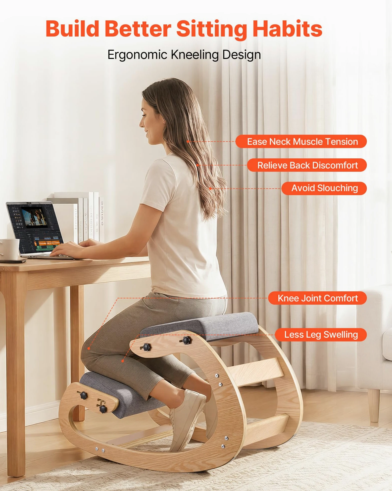 VEVOR Chaise à Genoux Ergonomique, Siège Assis Genoux Coussins en Mousse Épaisse, Réglables à 3 Niveaux, pour Maison Bureau Méditation, Cadre en Bois Massif, Soulage Tensions du Cou et du Dos, Grise