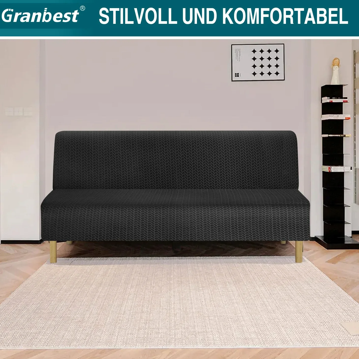 Granbest Housse de futon épaisse à haute élasticité - Sans bras - Nouveau motif - Pour canapé-lit plissé - Antidérapante - Sans accoudoirs - Futon - Noir